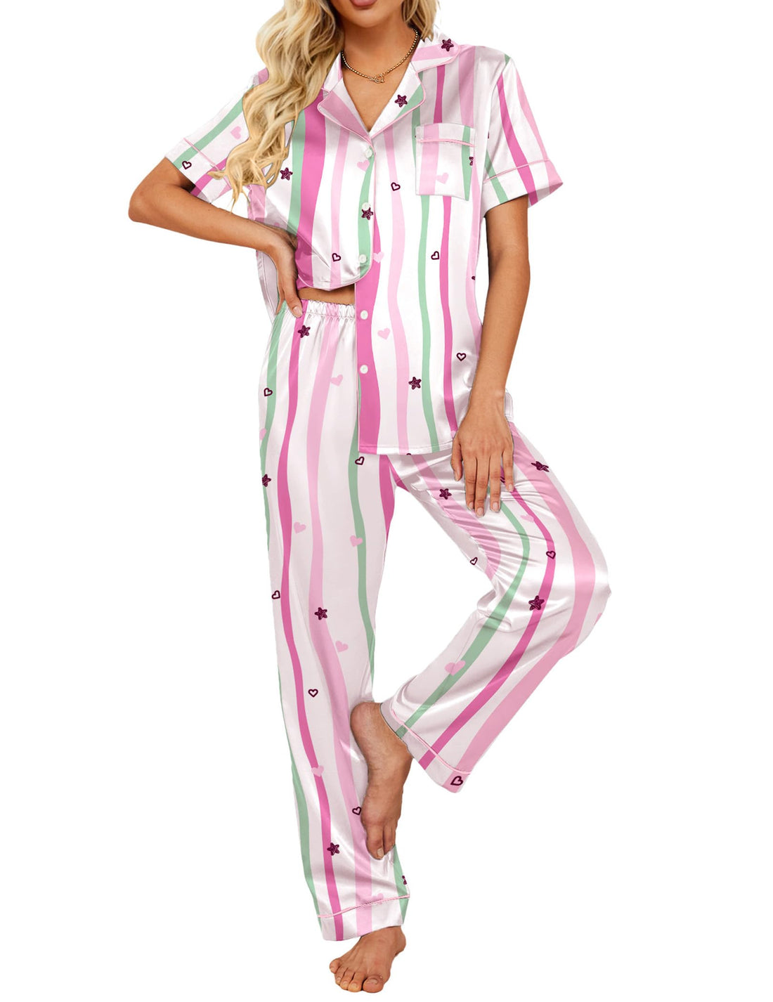 Ekouaer 2 Piece Satin Short Sleeve Pajamas Set Button Down Sleepwear