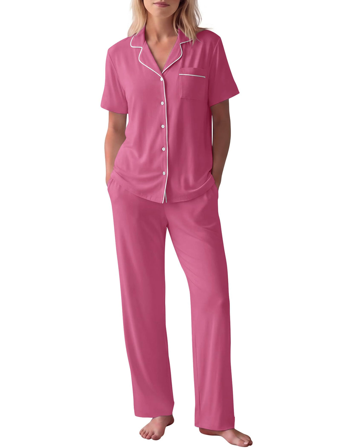HNG Women Pajamas Set 2 Piece Button Up Pajamas Pant and Short Sleeve Shirt for Woman Pj Sets with Pocket