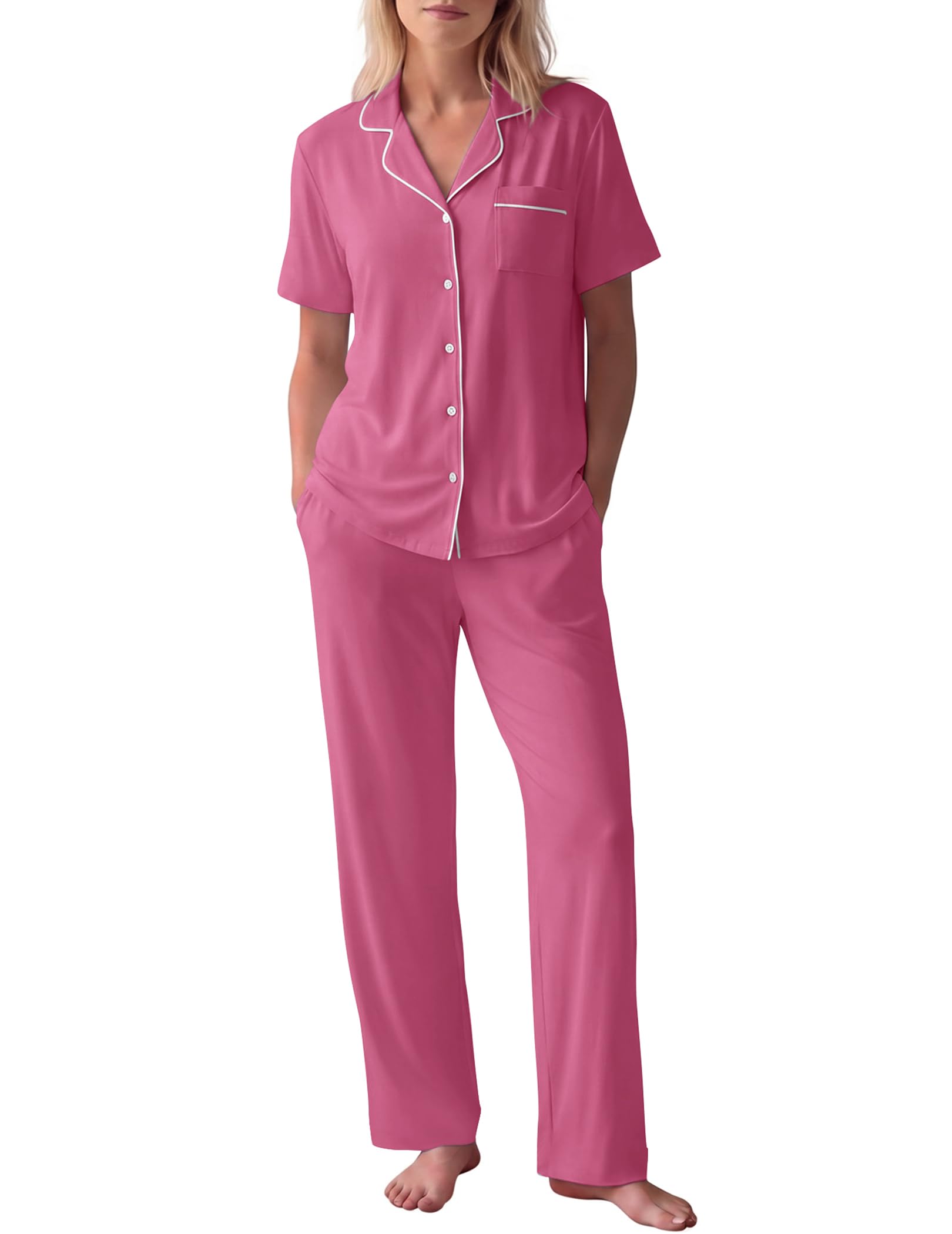 HNG Women Pajamas Set 2 Piece Button Up Pajamas Pant and Short Sleeve Shirt for Woman Pj Sets with Pocket