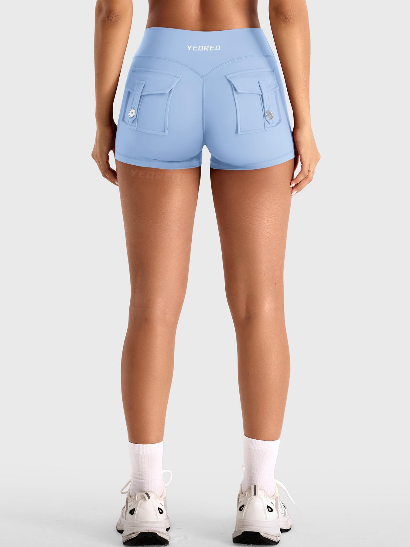 YEOREO CoreFlex Women Workout Shorts Low Rise Hidden Scrunch Butt Lifting Cargo Pockets 2.5" Shorts