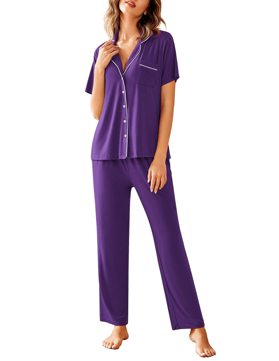 Avidlove Women Pajamas Set Notch Collar Soft Sleepwear Pjs Short Sleeve Button Down Nightwear with Long Pants