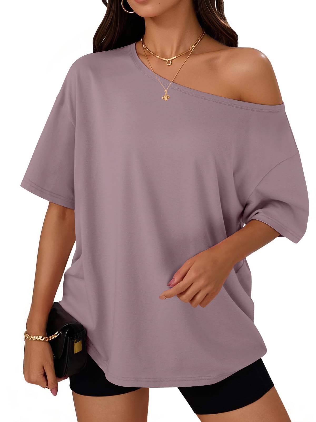 Trendy Queen Womens Off the Shoulder Tops Oversized Summer T-Shirts 2026 | Breathable comfort stretch fabric, short sleeve, basic oversized tees, casual workout gym, y2k going out clothes