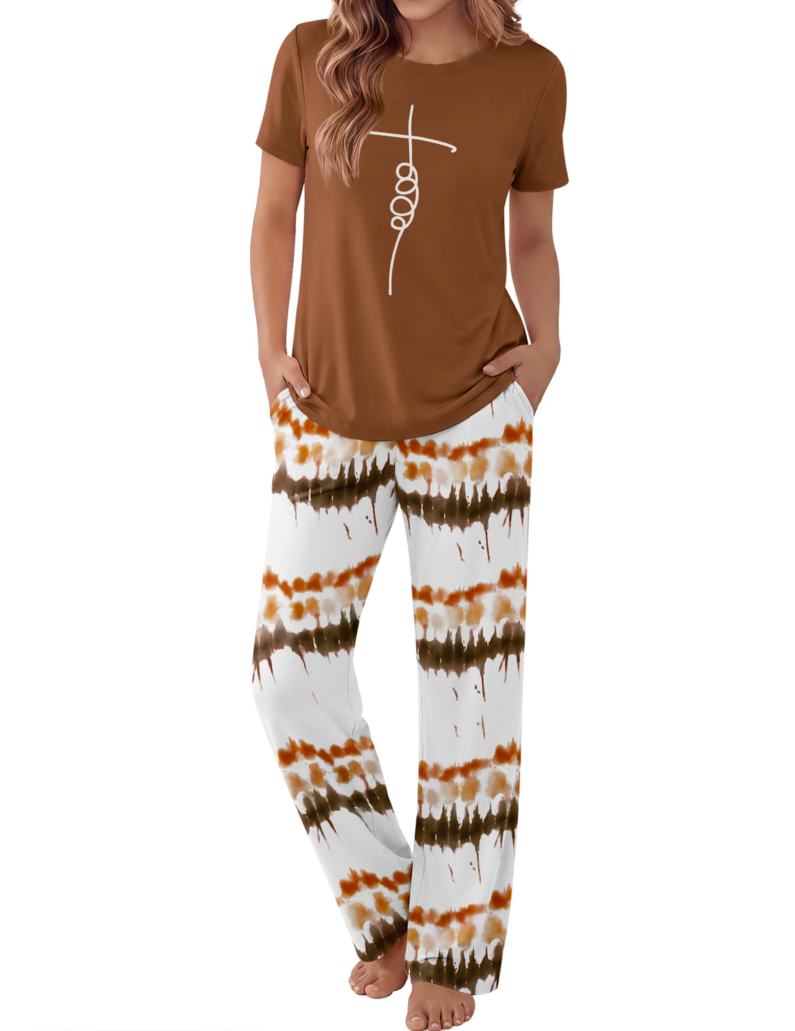 Ekouaer Pajama Set for Women 2 Piece Pjs Short Sleeve Top and Printed Pants