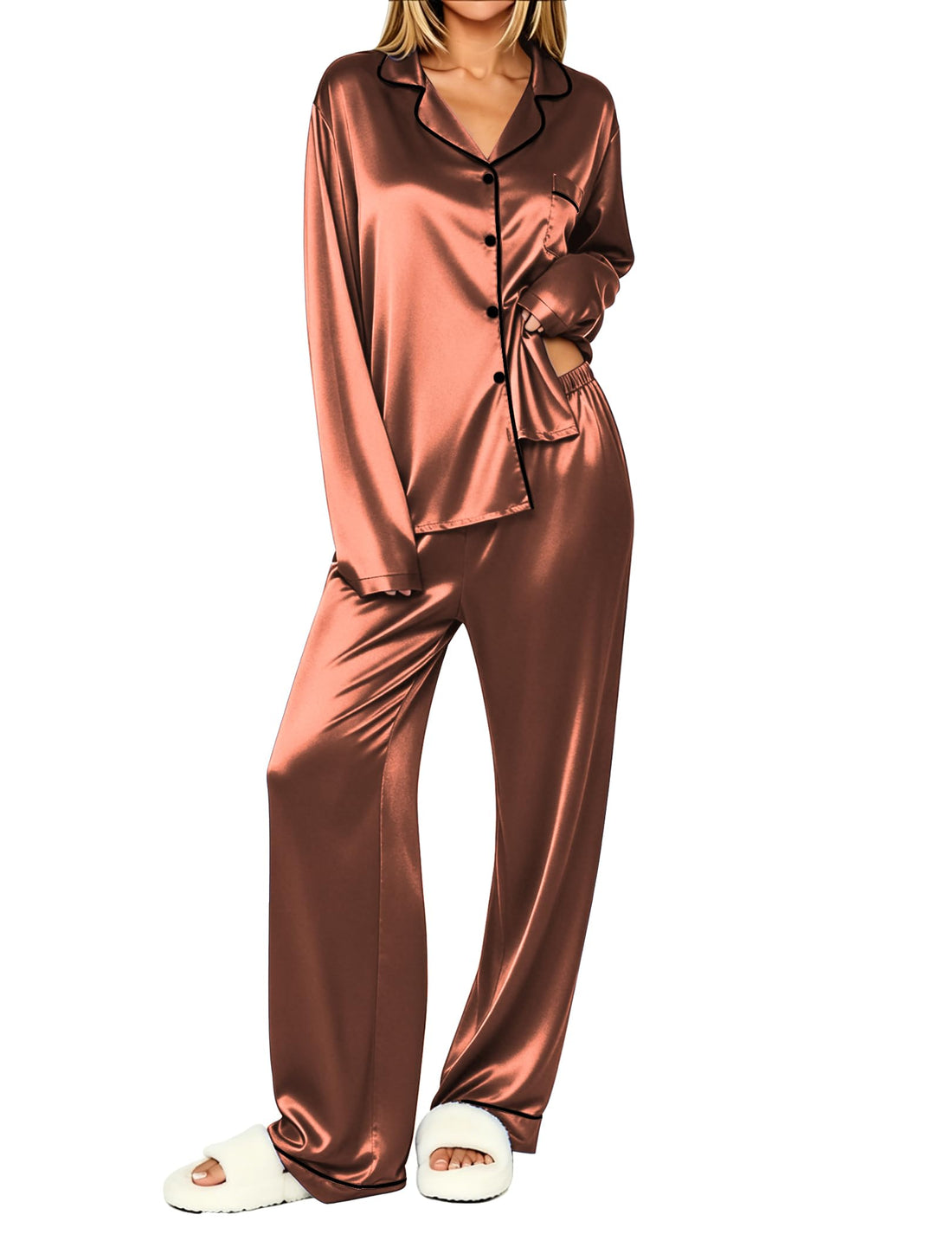 Ekouaer Womens Pajamas Silk Satin Long Sleeve Button Down Pjs Lounge Set
