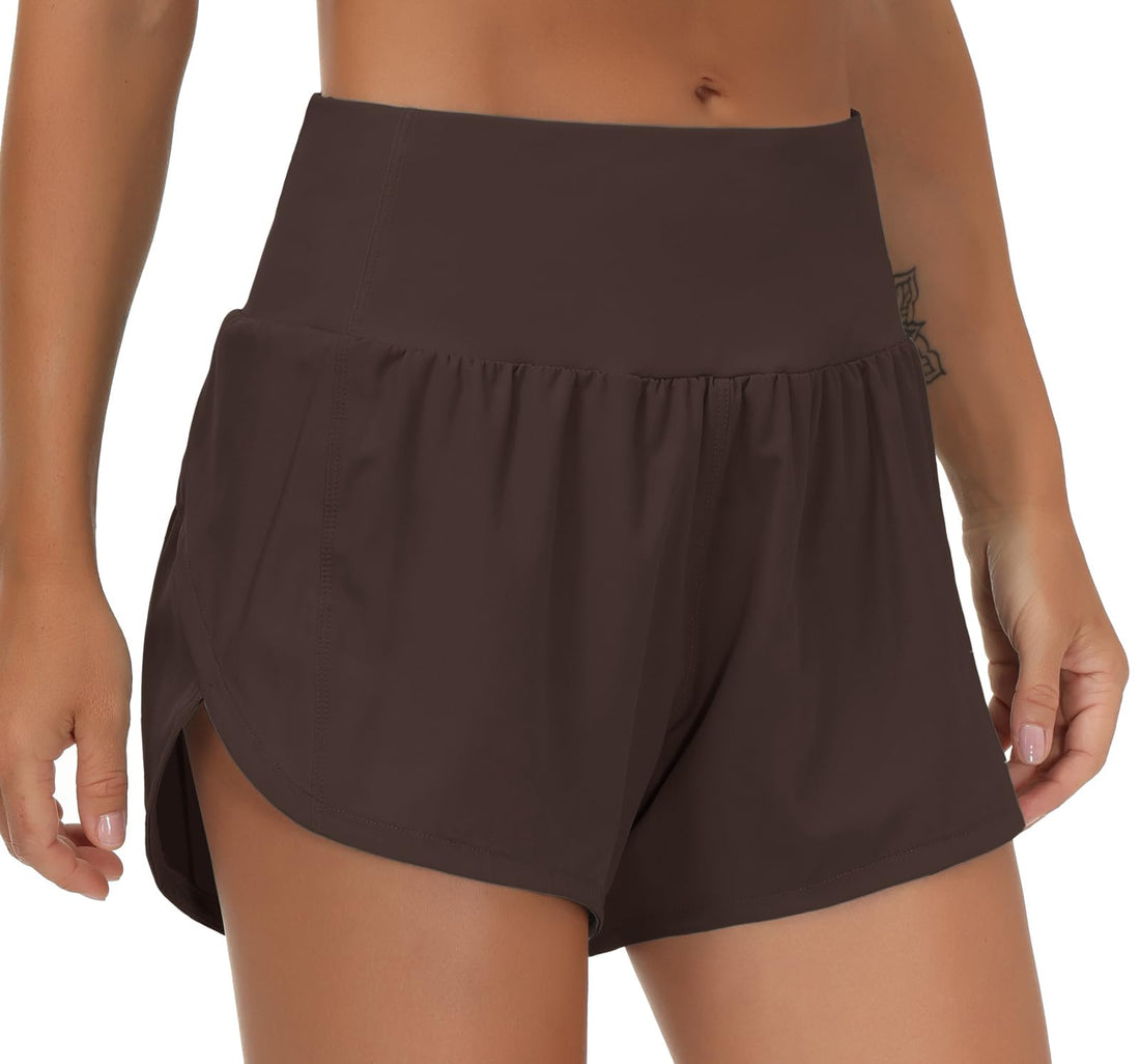 THE GYM PEOPLE Women's High Waisted Running Shorts Quick Dry Workout Shorts | High Waist, Slim Fitted, Built-in Mesh Lined, Back Zipper Pockets, Lightweight, Breathable, Side Slit