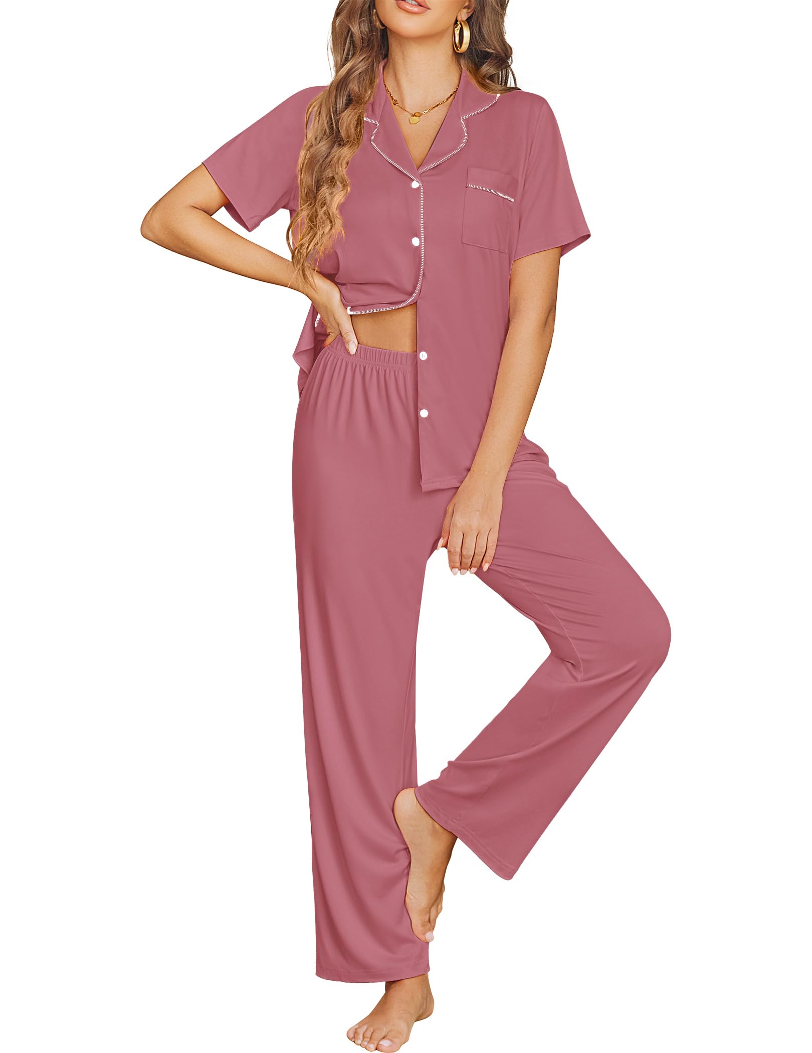 Ekouaer Womens Pajama Sets Button Down Lounge Sets 2 Piece Short Sleeve Pjs