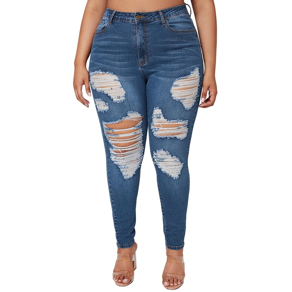 ALLABREVE Womens Plus Size Skinny Jeans Stretchy High Waisted Ankle Jean Ripped Slim Fit Washed Denim Distressed Tight Jean