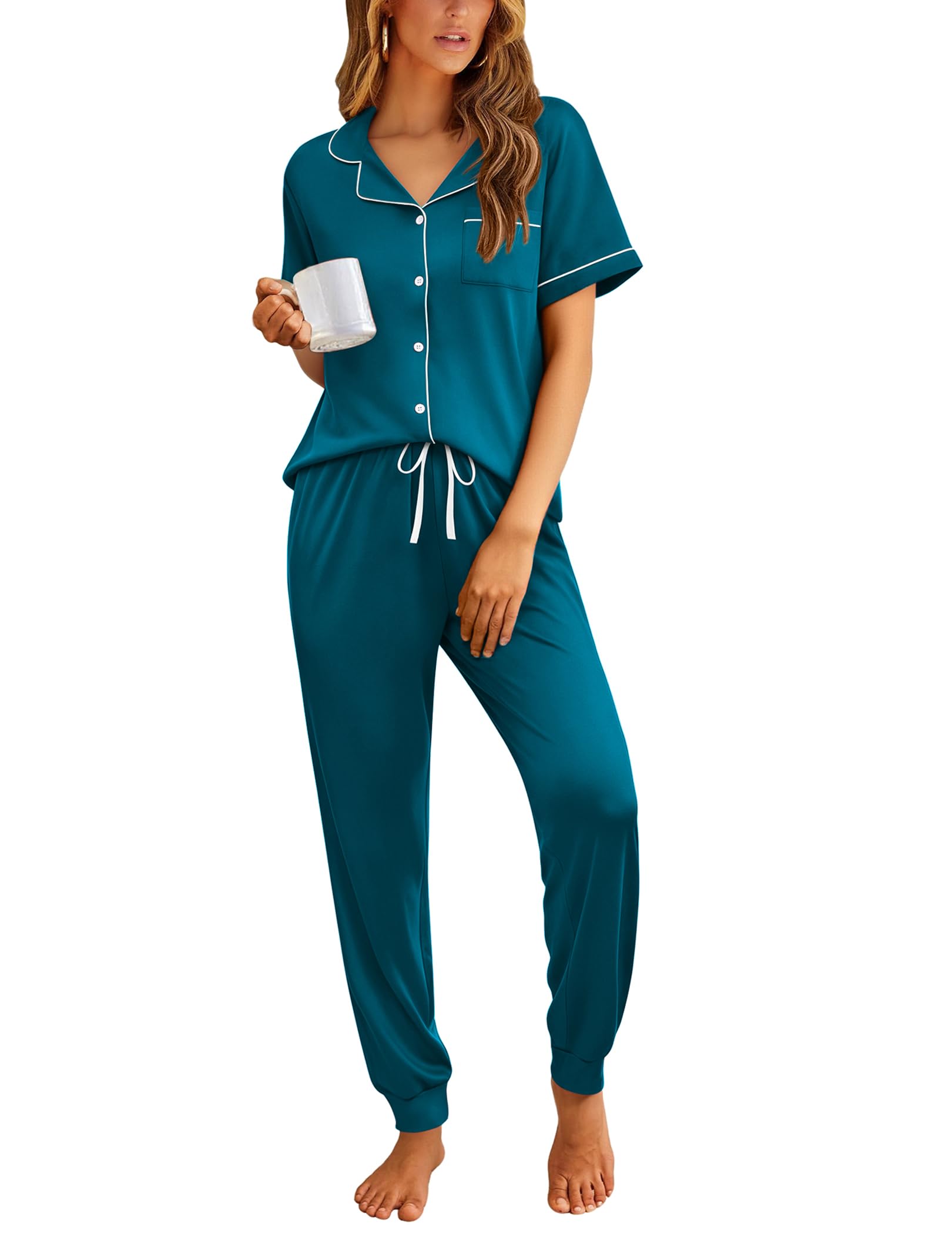 Ekouaer Women Pajama Set Short Sleeve Button Down Pjs with Jogger Pants