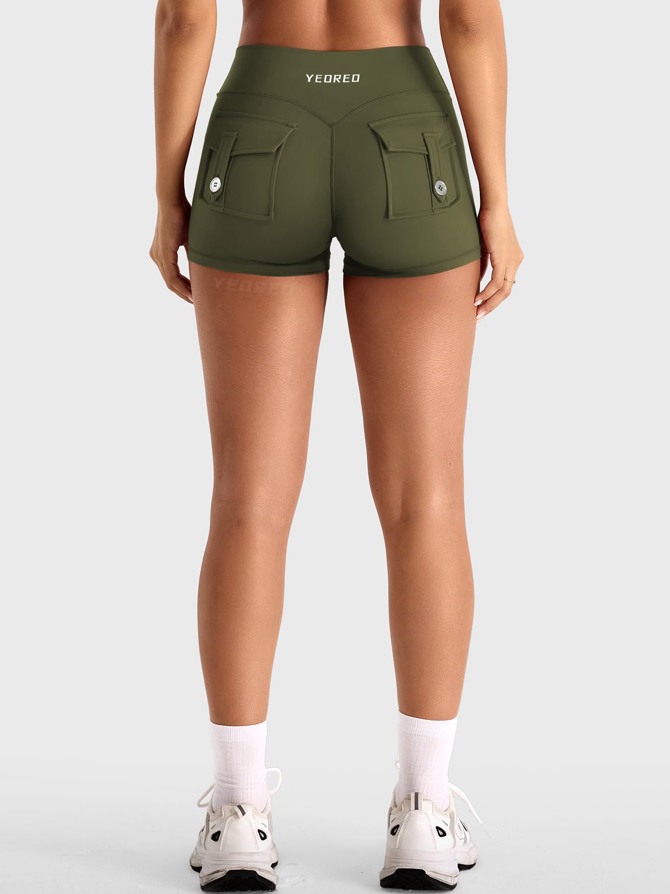 YEOREO CoreFlex Women Workout Shorts Low Rise Hidden Scrunch Butt Lifting Cargo Pockets 2.5" Shorts