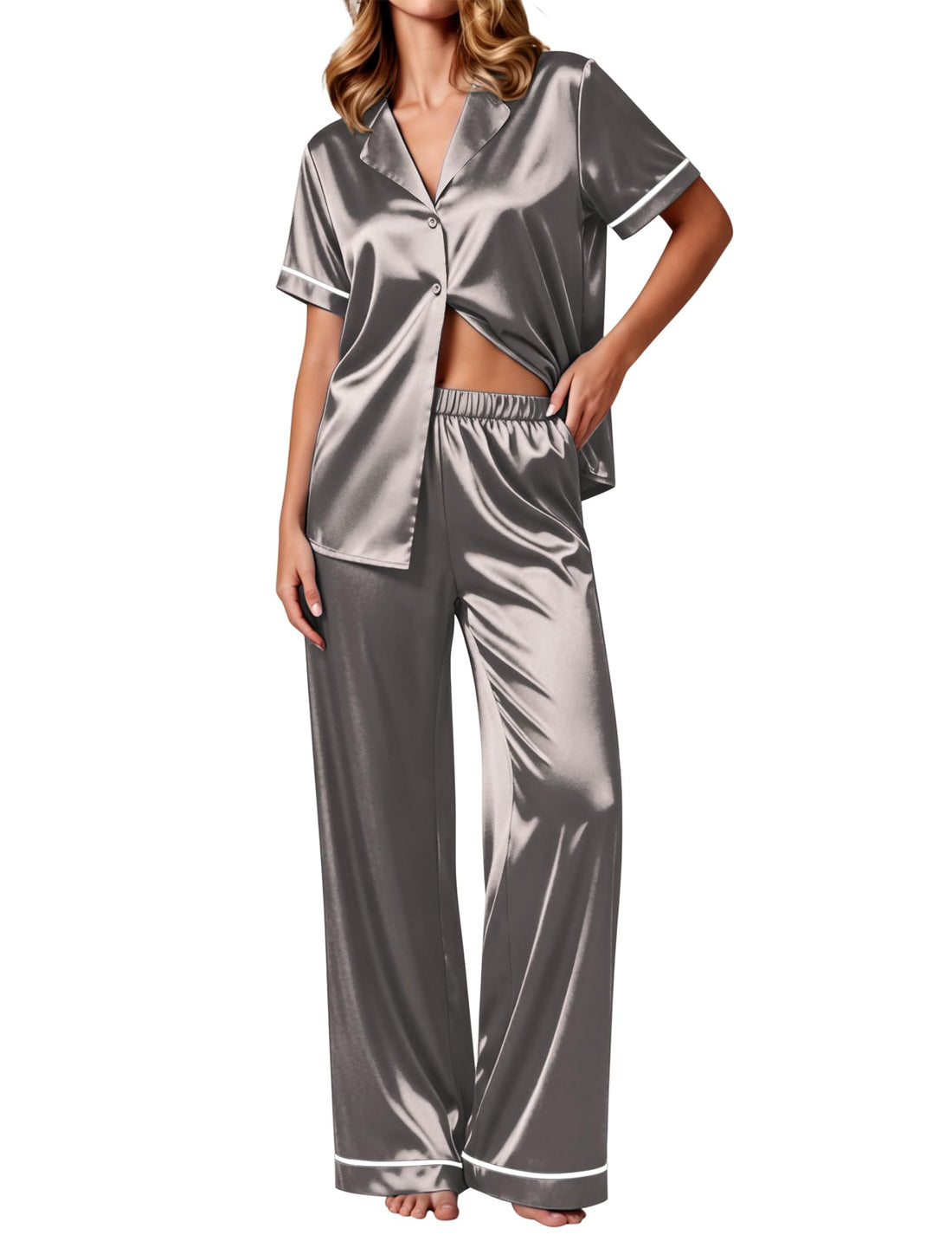 Ekouaer Women's Silk Pajamas Set Short Sleeve Pjs Button Down Lounge Set