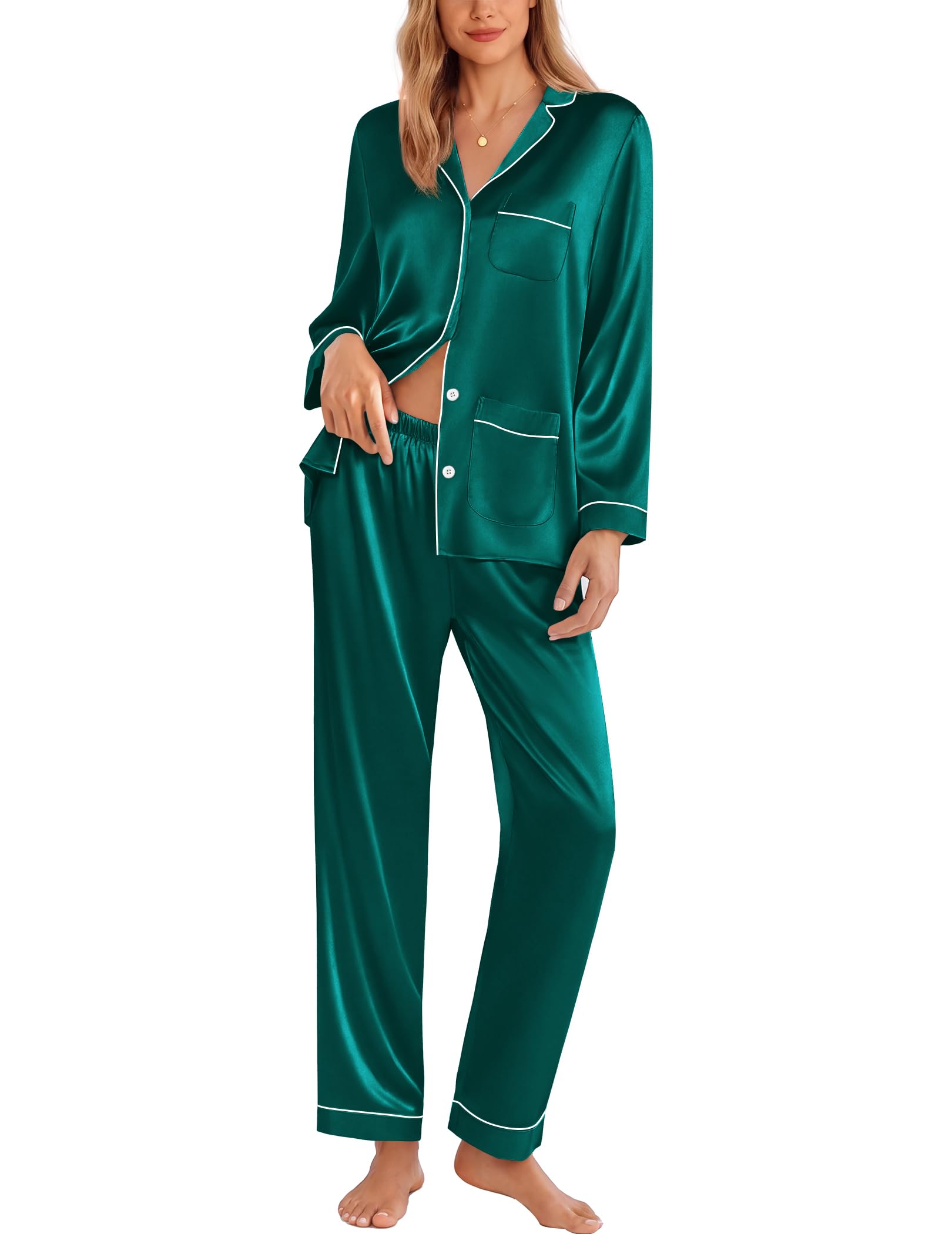 Ekouaer Pajamas for Women Silk Satin Button Down Long Sleeve Pajama Sets