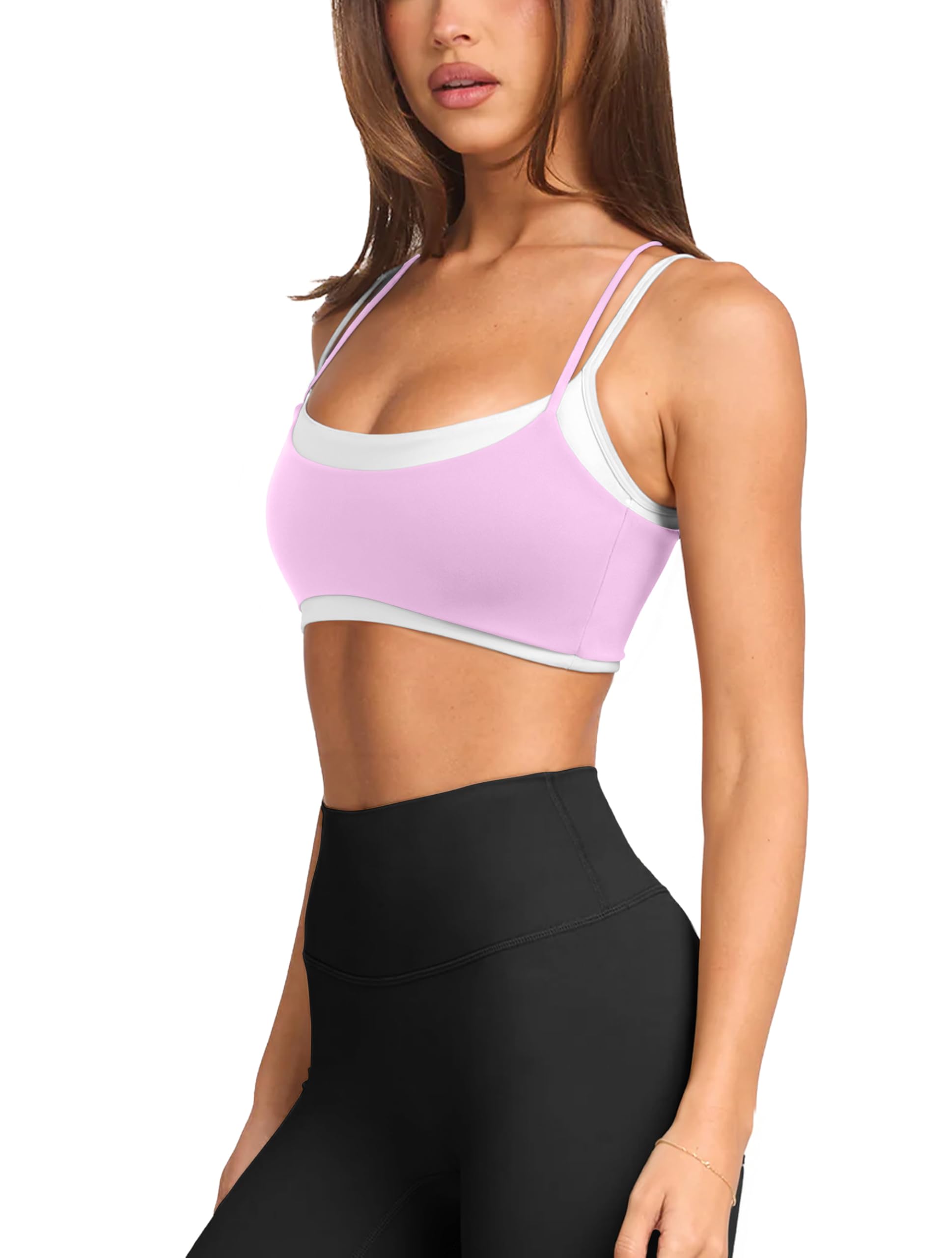 LASLULU Womens Double Layered Sports Bra Adjustable Spaghetti Straps Sexy Scoop Neck Wireless Padded Workout Yoga Crop Tops