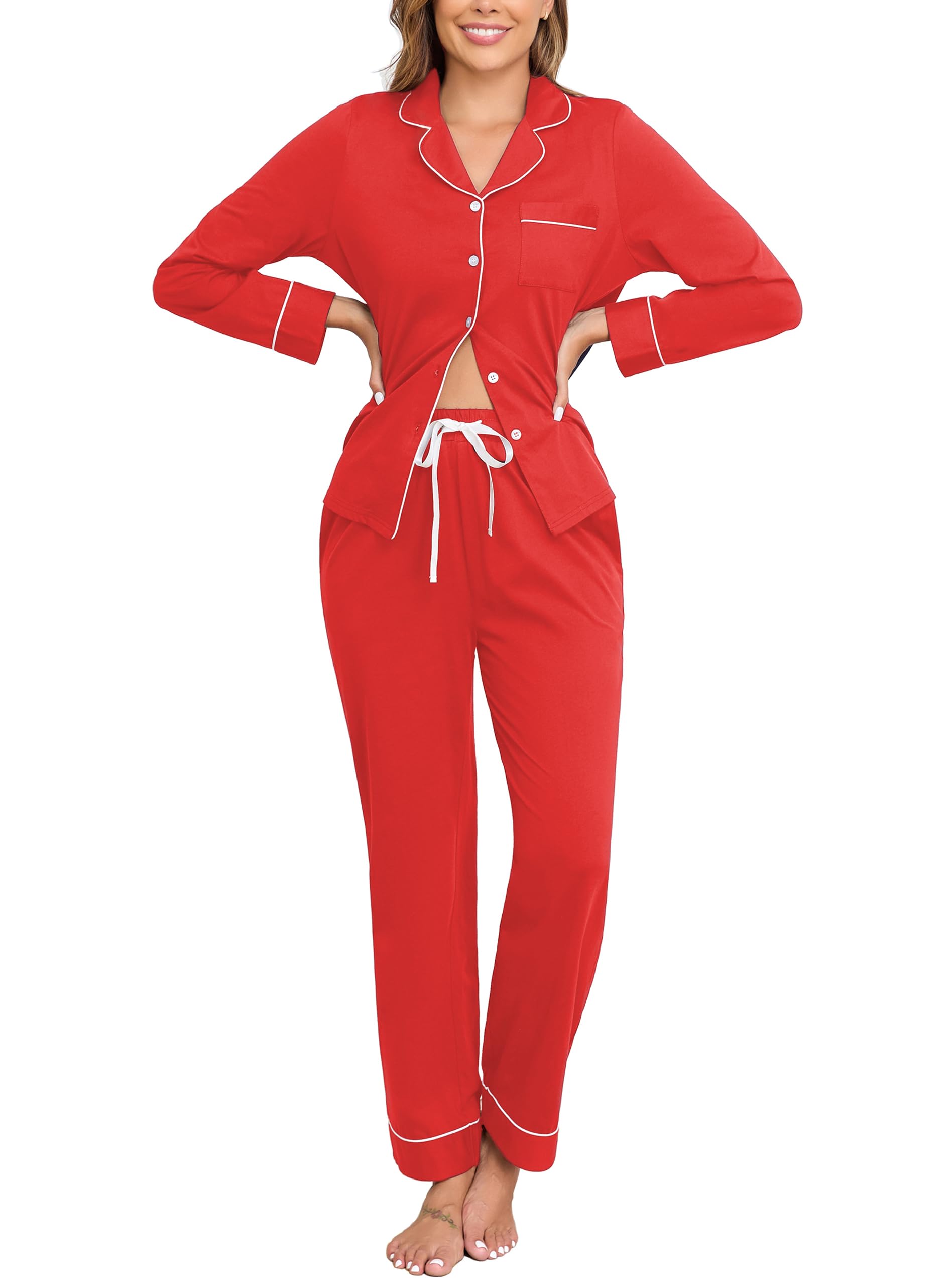 Veseacky 100% Cotton Women's Pajama Set Long Sleeve Button Down Sleepwear Soft Pjs Lounge Sets Nightwear Pjs XS-XXL