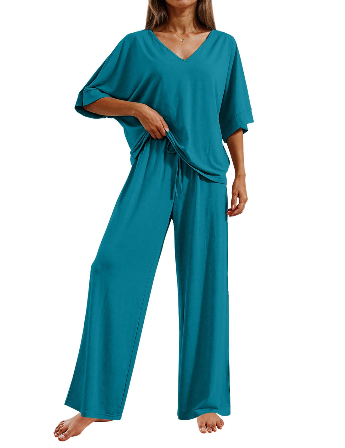Ekouaer Pajama Sets Womens 2 Piece Short Sleeve Long Pants Pjs Lounge Set