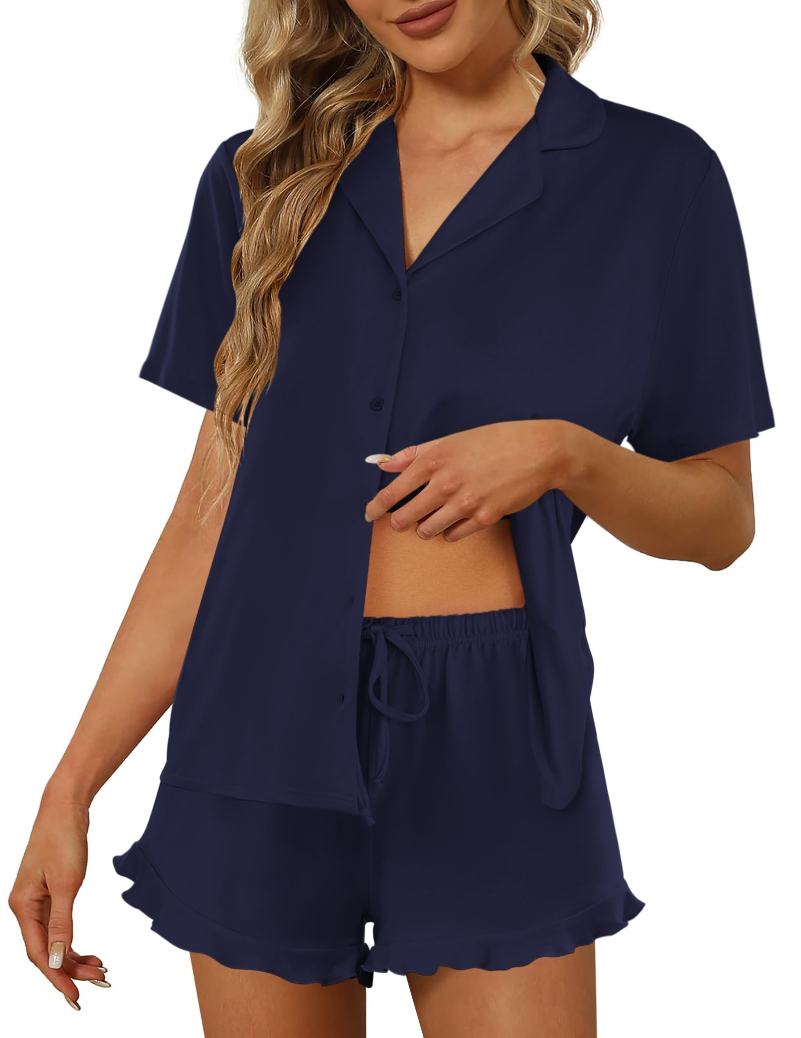 Ekouaer Pajamas Set for Women Short Sleeve Sleepwear Button Down Ruffle Pjs