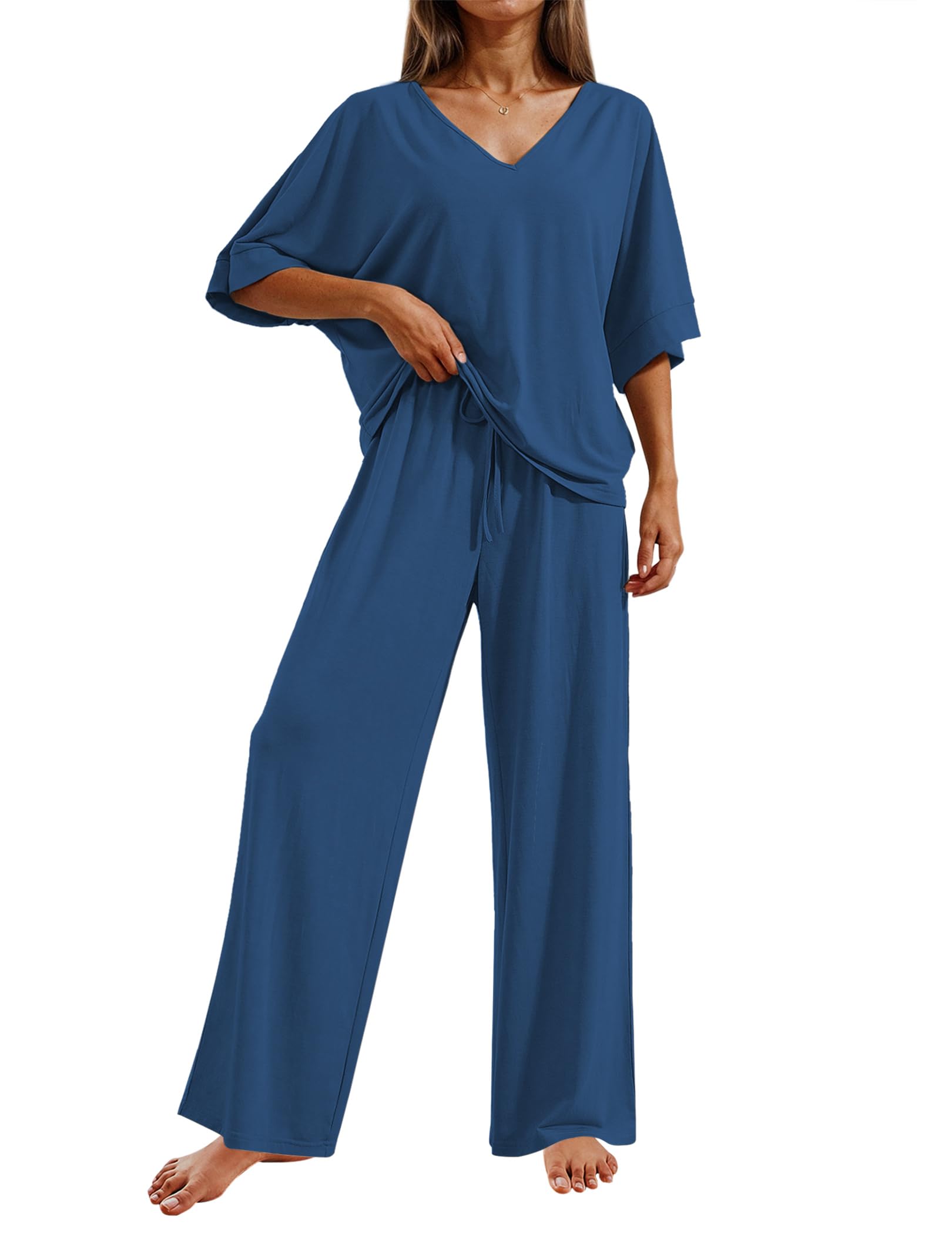 Ekouaer Pajama Sets Womens 2 Piece Short Sleeve Long Pants Pjs Lounge Set
