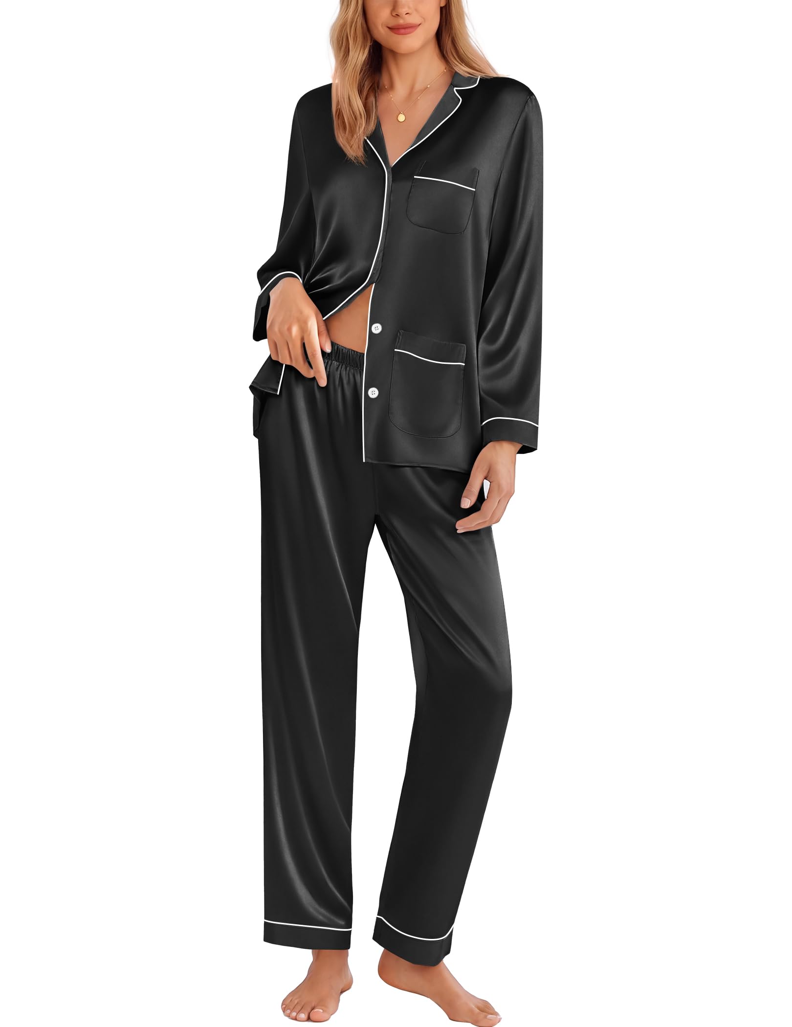 Ekouaer Pajamas for Women Silk Satin Button Down Long Sleeve Pajama Sets