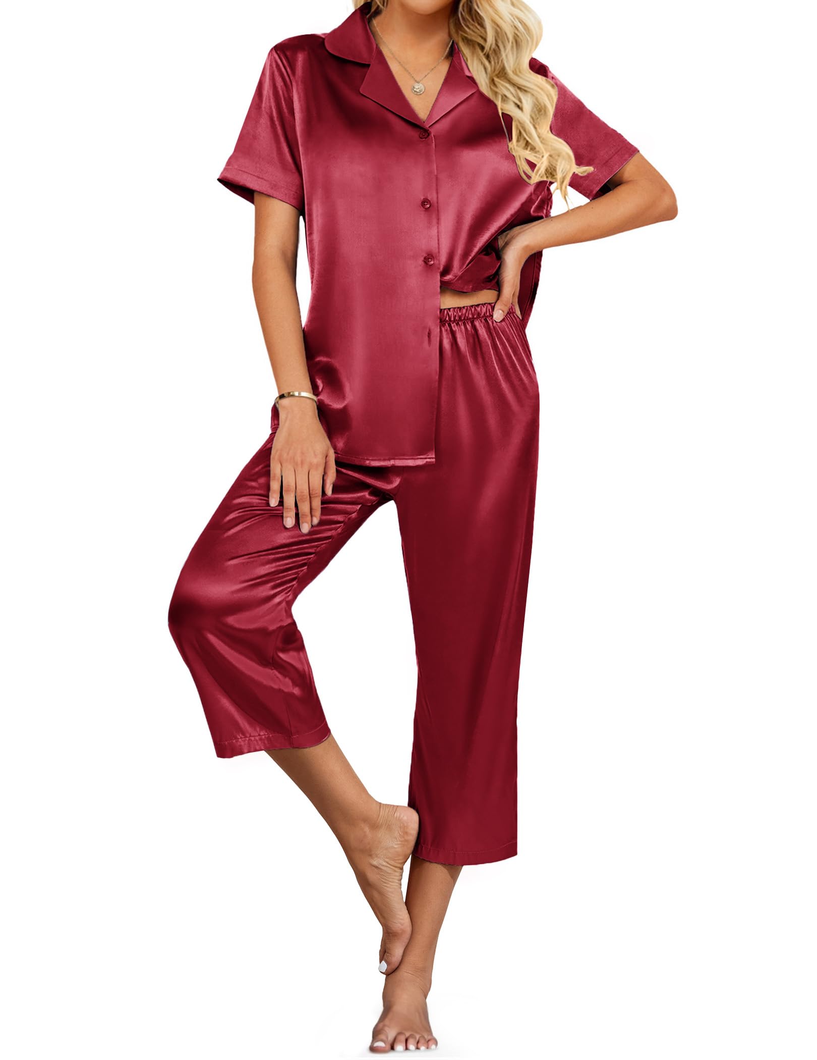 Ekouaer Womens Satin Silky Capri Pajamas Short Sleeve Button Down Sleepwear