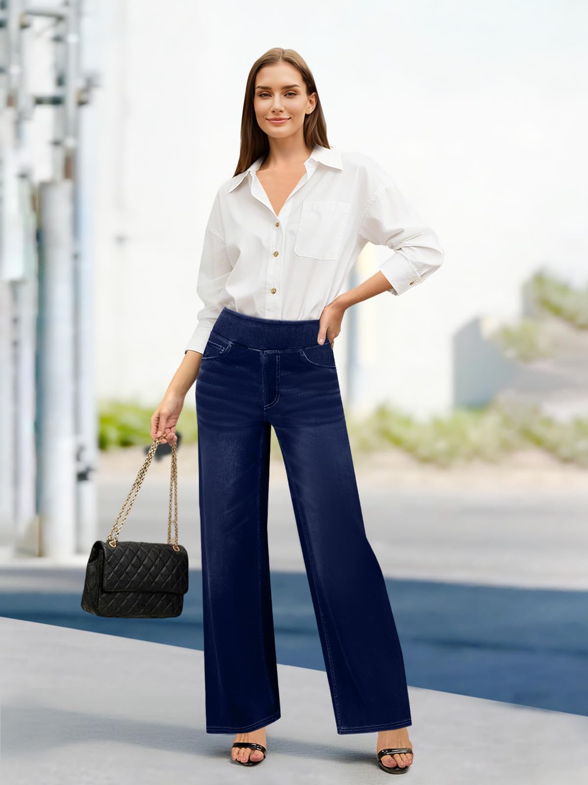COPYLEAF Wide Leg Jeans Woman High Waisted Stretchy Baggy Sweatpant Jeans Pull On Straight Leg Loose Trendy Denim Pants