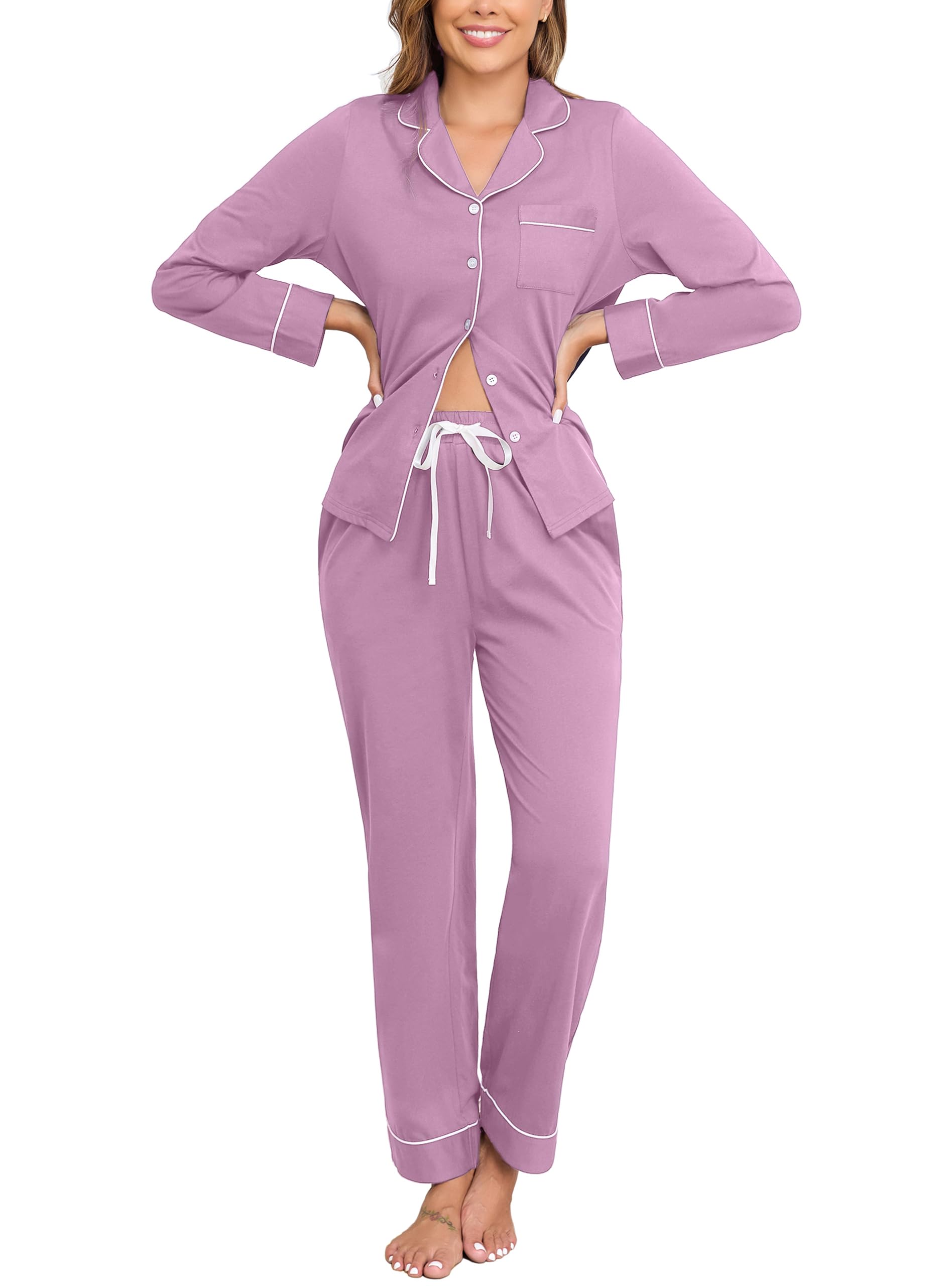 Veseacky 100% Cotton Women's Pajama Set Long Sleeve Button Down Sleepwear Soft Pjs Lounge Sets Nightwear Pjs XS-XXL
