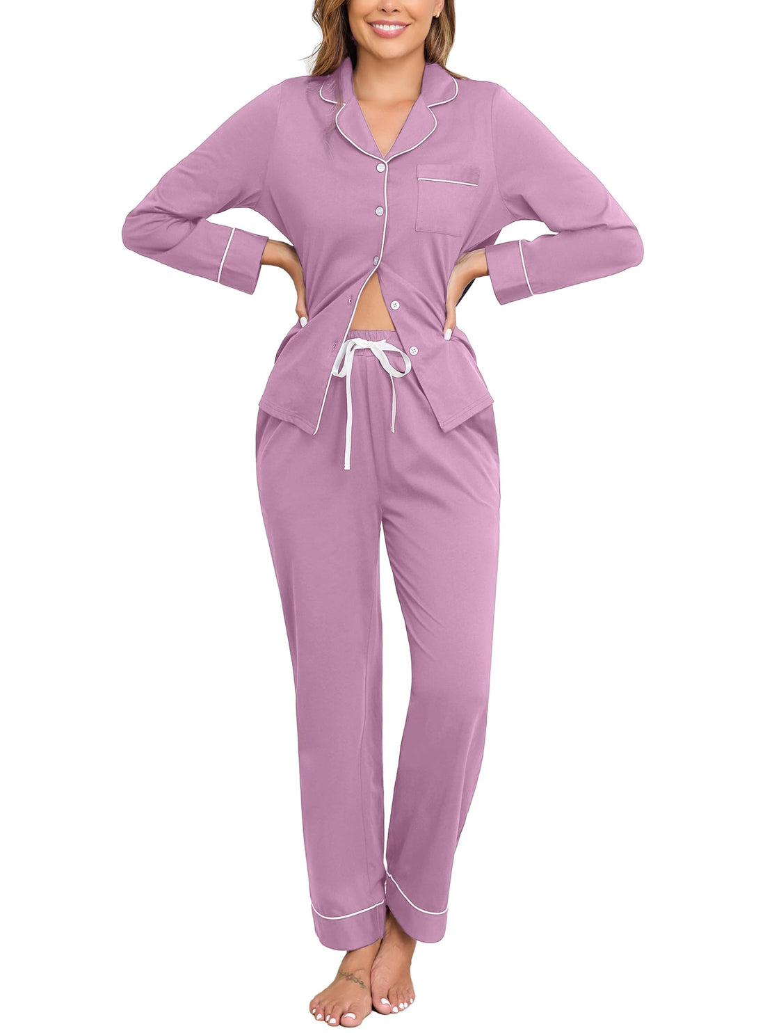 Veseacky 100% Cotton Women's Pajama Set Long Sleeve Button Down Sleepwear Soft Pjs Lounge Sets Nightwear Pjs XS-XXL