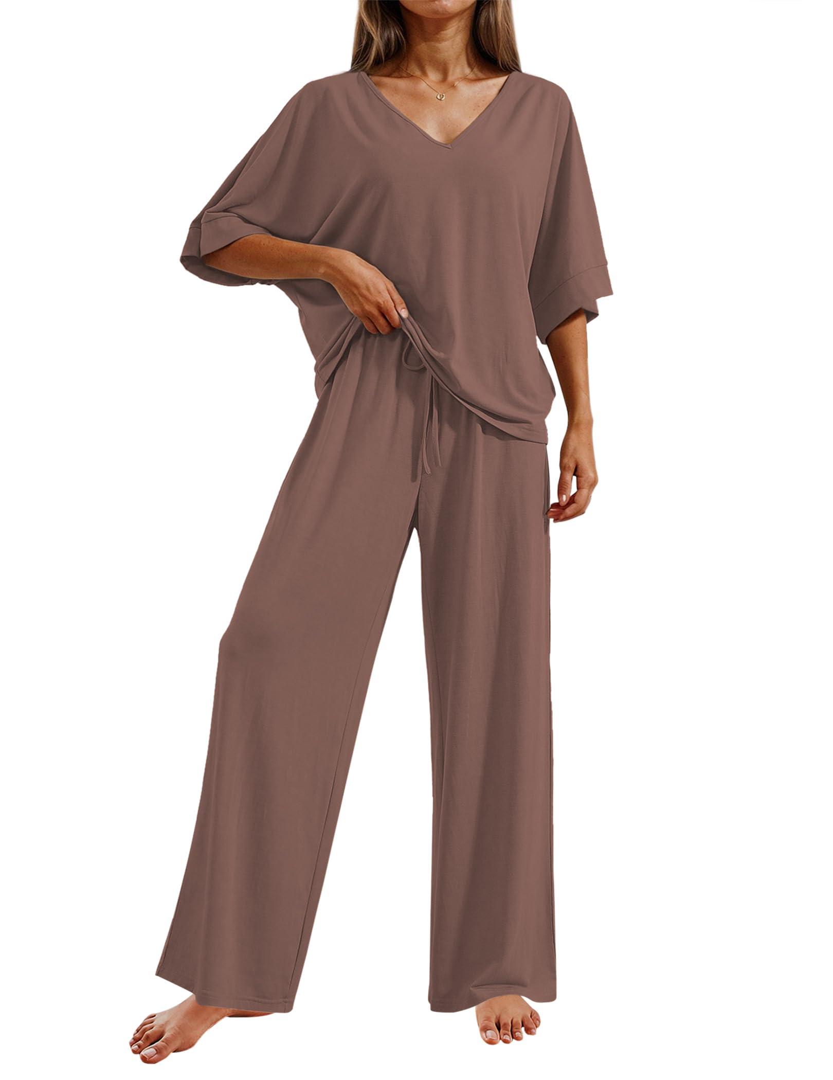 Ekouaer Pajama Sets Womens 2 Piece Short Sleeve Long Pants Pjs Lounge Set