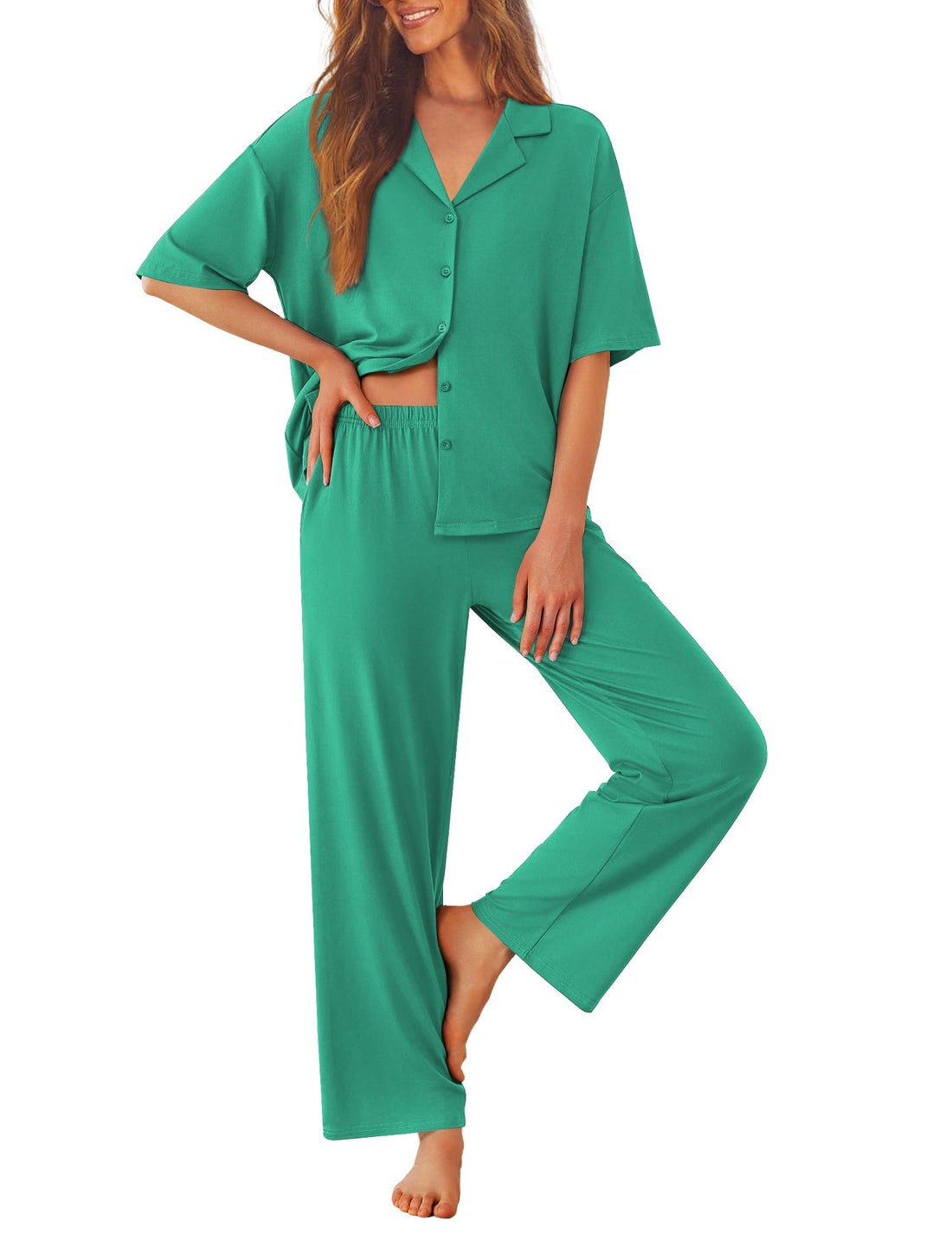 Ekouaer Women Pajamas Set Button Down Sleepwear Short Sleeve Pjs Long Pants