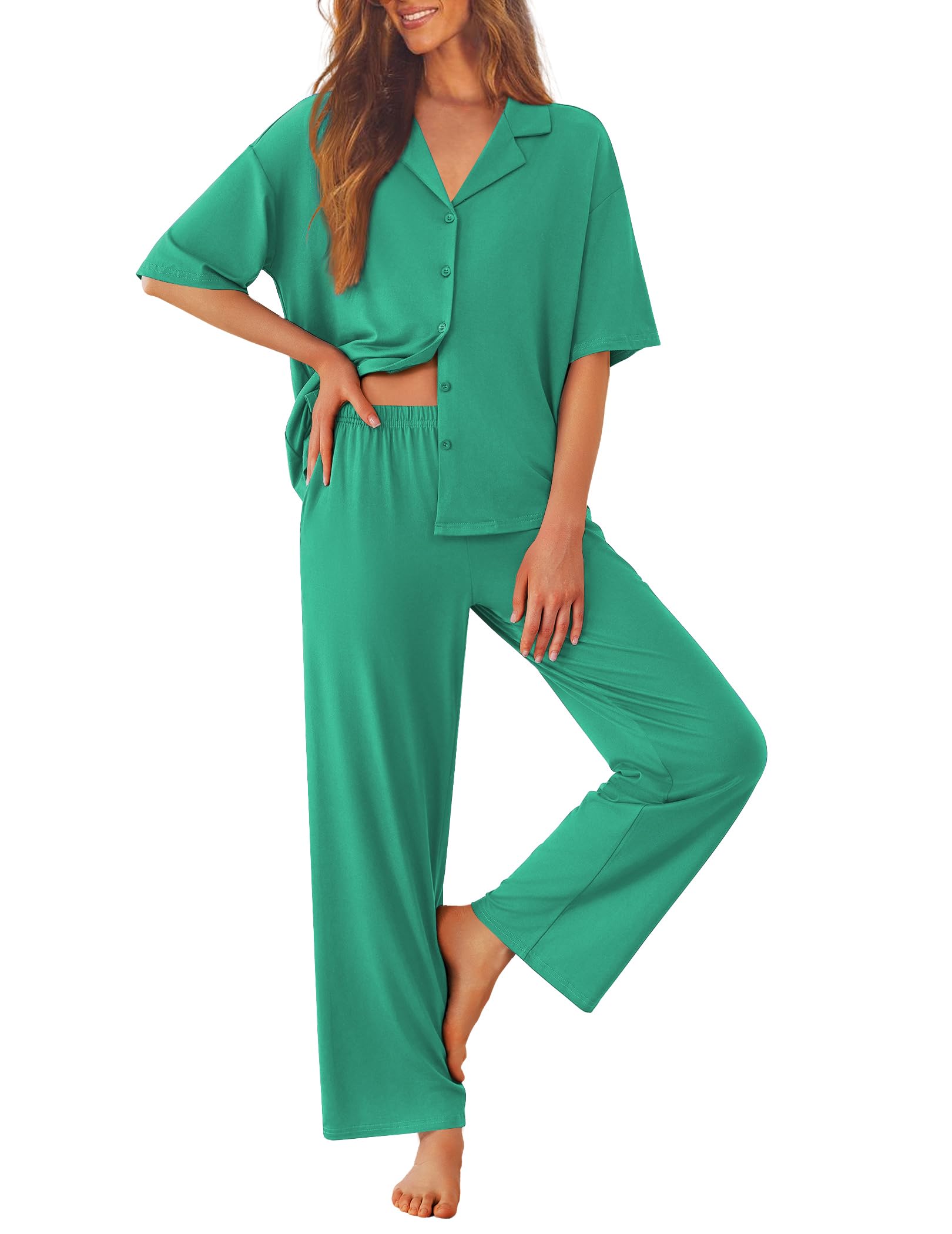 Ekouaer Women Pajamas Set Button Down Sleepwear Short Sleeve Pjs Long Pants