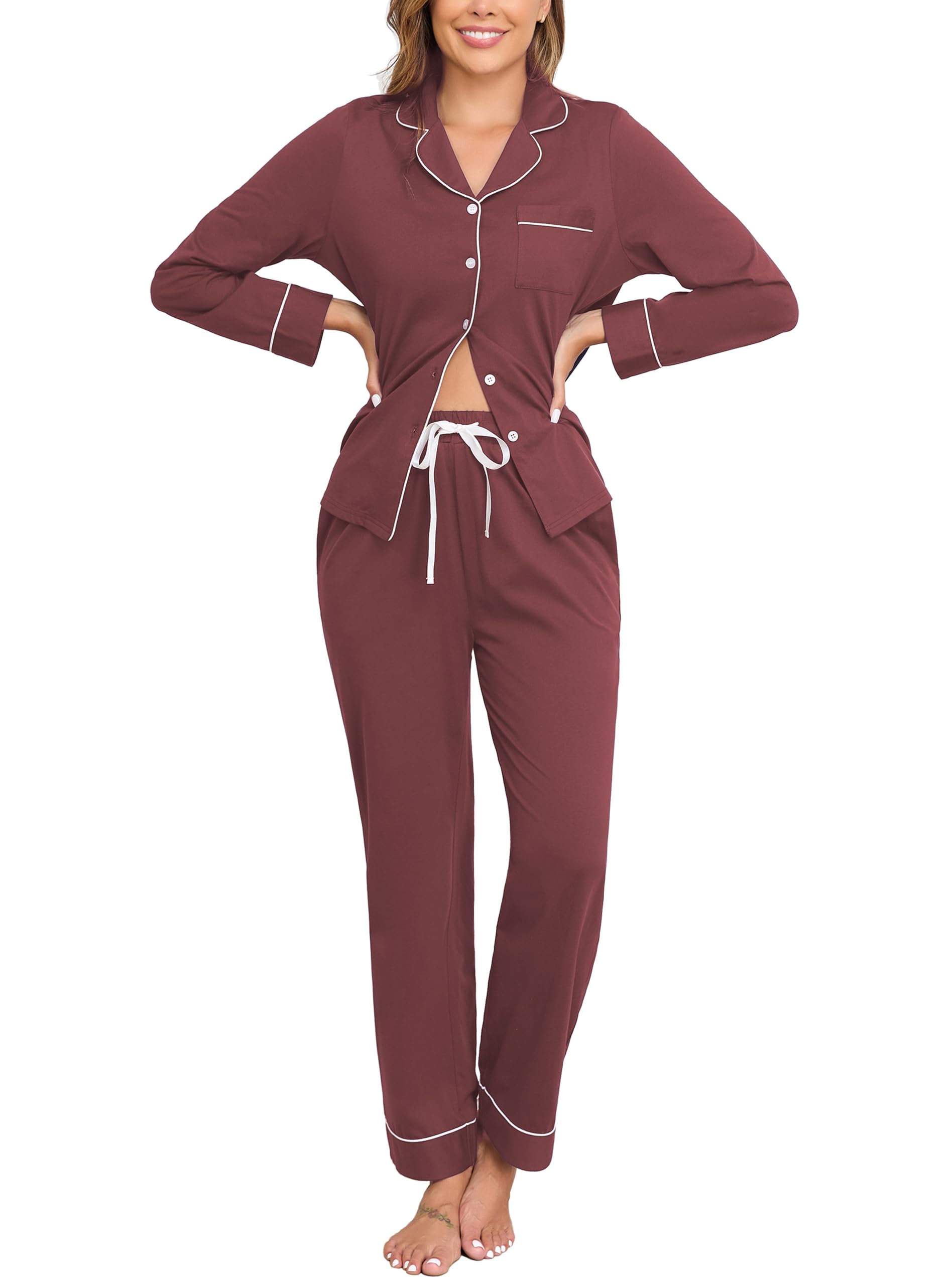 Veseacky 100% Cotton Women's Pajama Set Long Sleeve Button Down Sleepwear Soft Pjs Lounge Sets Nightwear Pjs XS-XXL