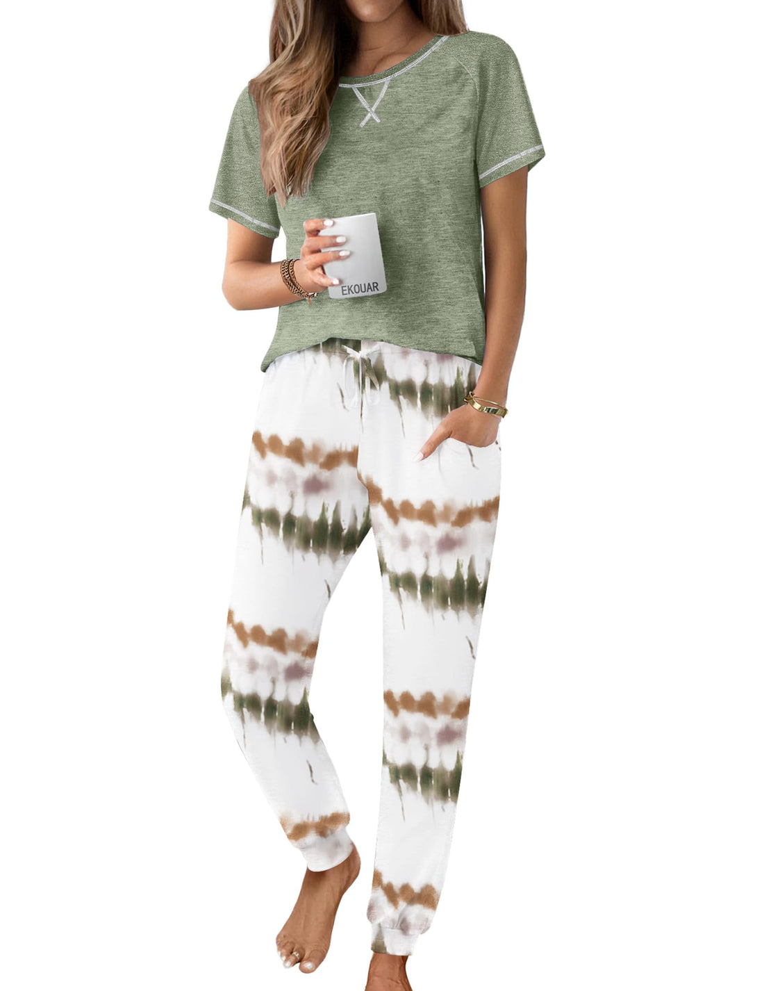 Ekouaer Pajamas for Women Set Short Sleeve PJ Set 2 Piece Jogger Pants