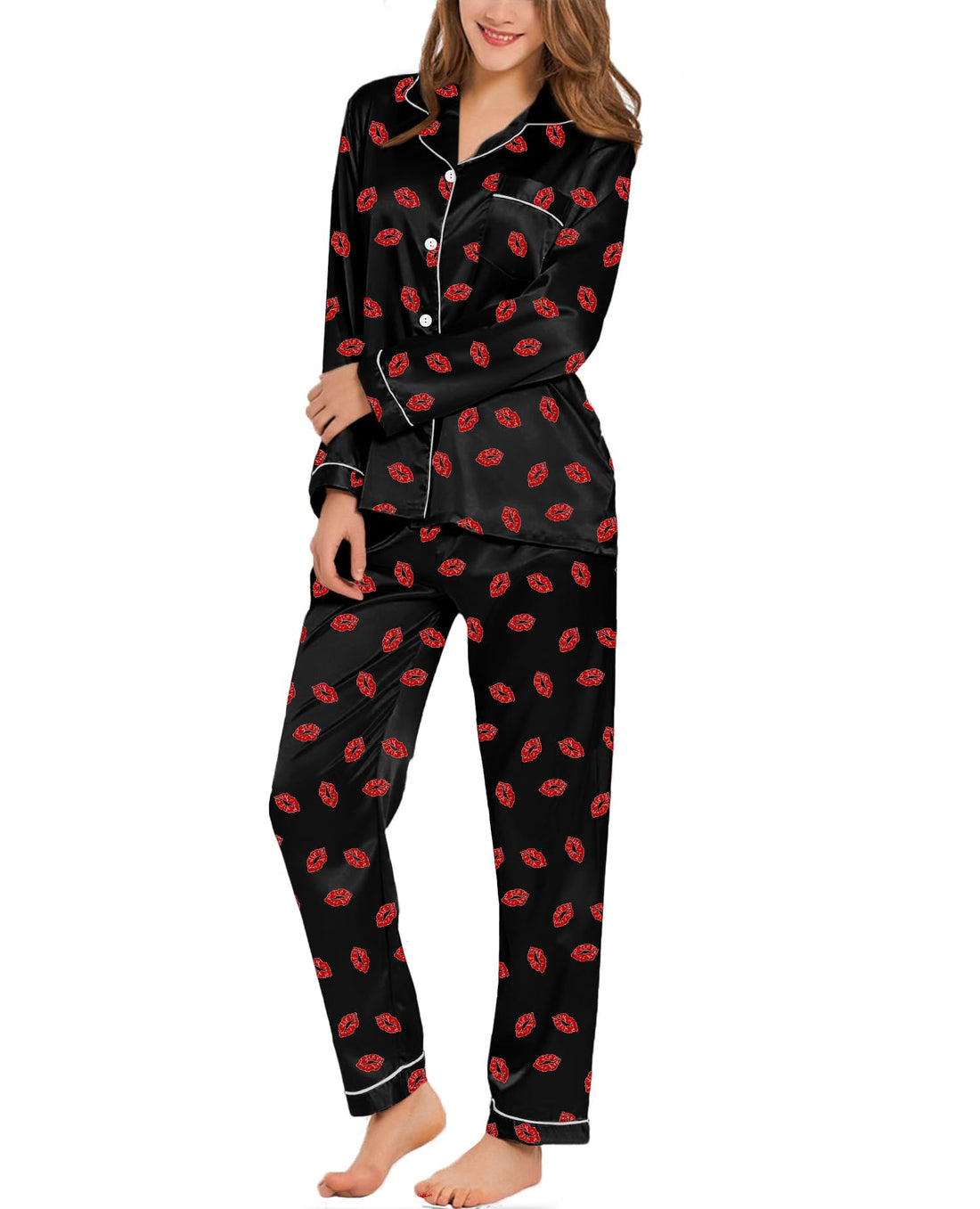 SWOMOG Womens Silk Satin Pajamas Set Long Sleeve Button Down Sleepwear 2 Piece Lounge Set Pj Set XS-3XL