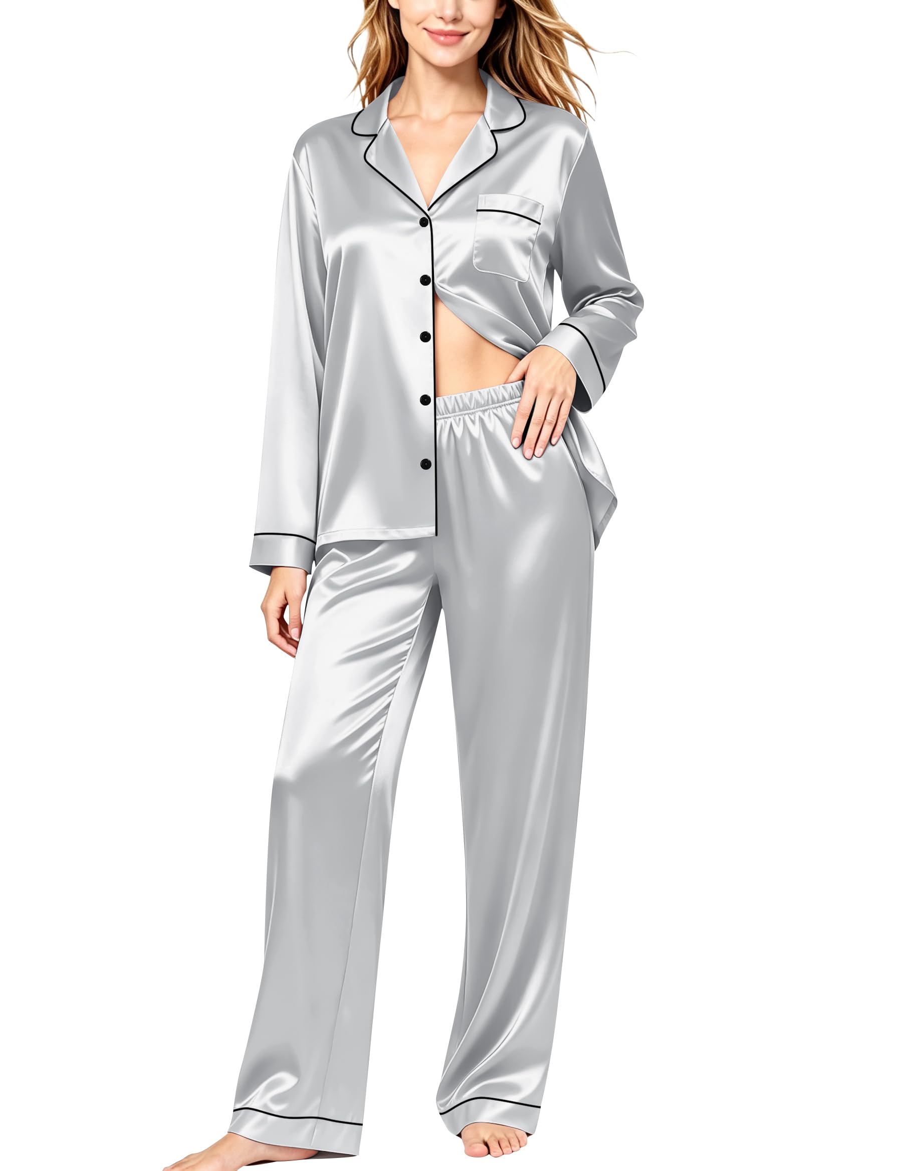 SWOMOG Womens Silk Satin Pajamas Set Long Sleeve Button Down Sleepwear 2 Piece Lounge Set Pj Set XS-3XL