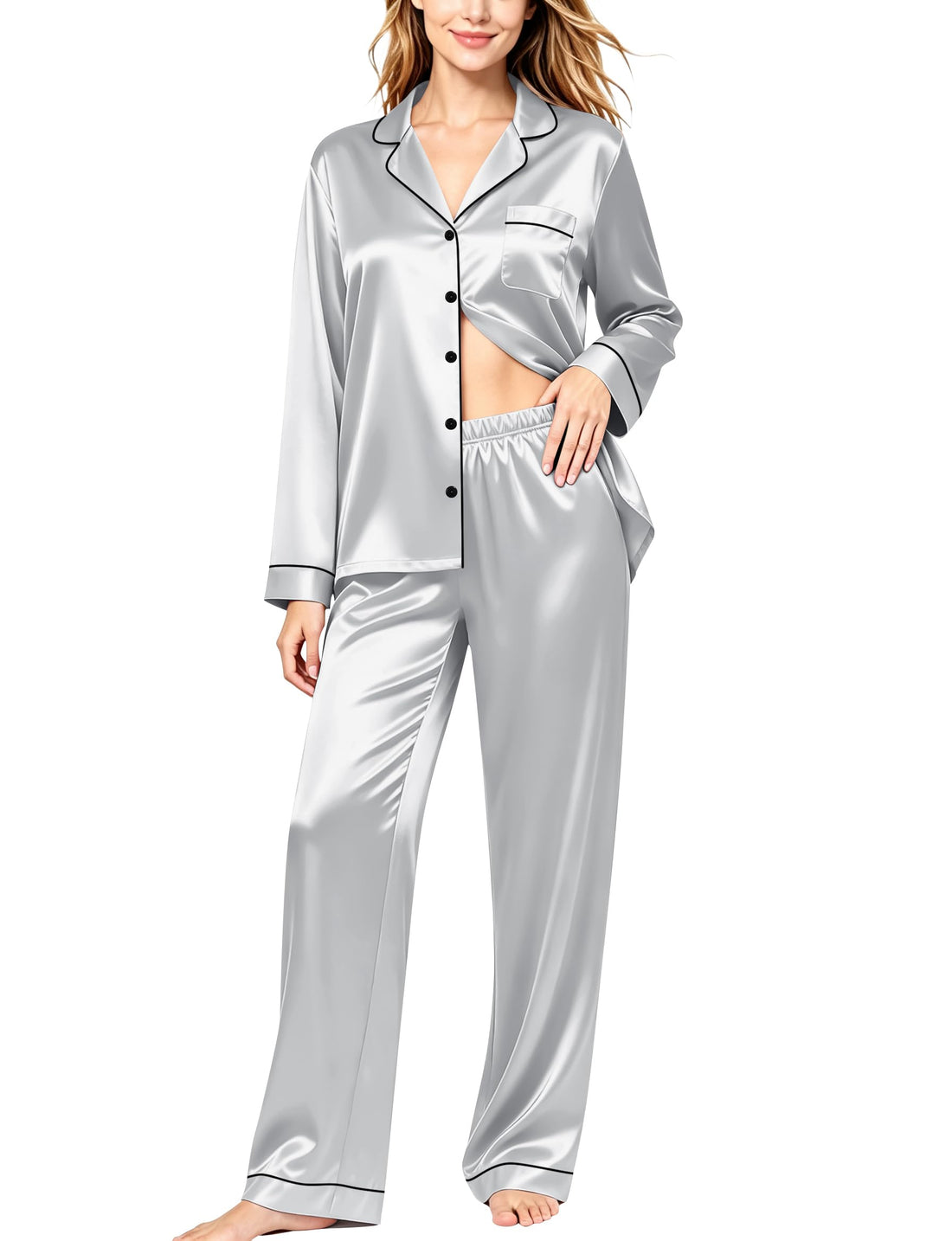 SWOMOG Womens Silk Satin Pajamas Set Long Sleeve Button Down Sleepwear 2 Piece Lounge Set Pj Set XS-3XL