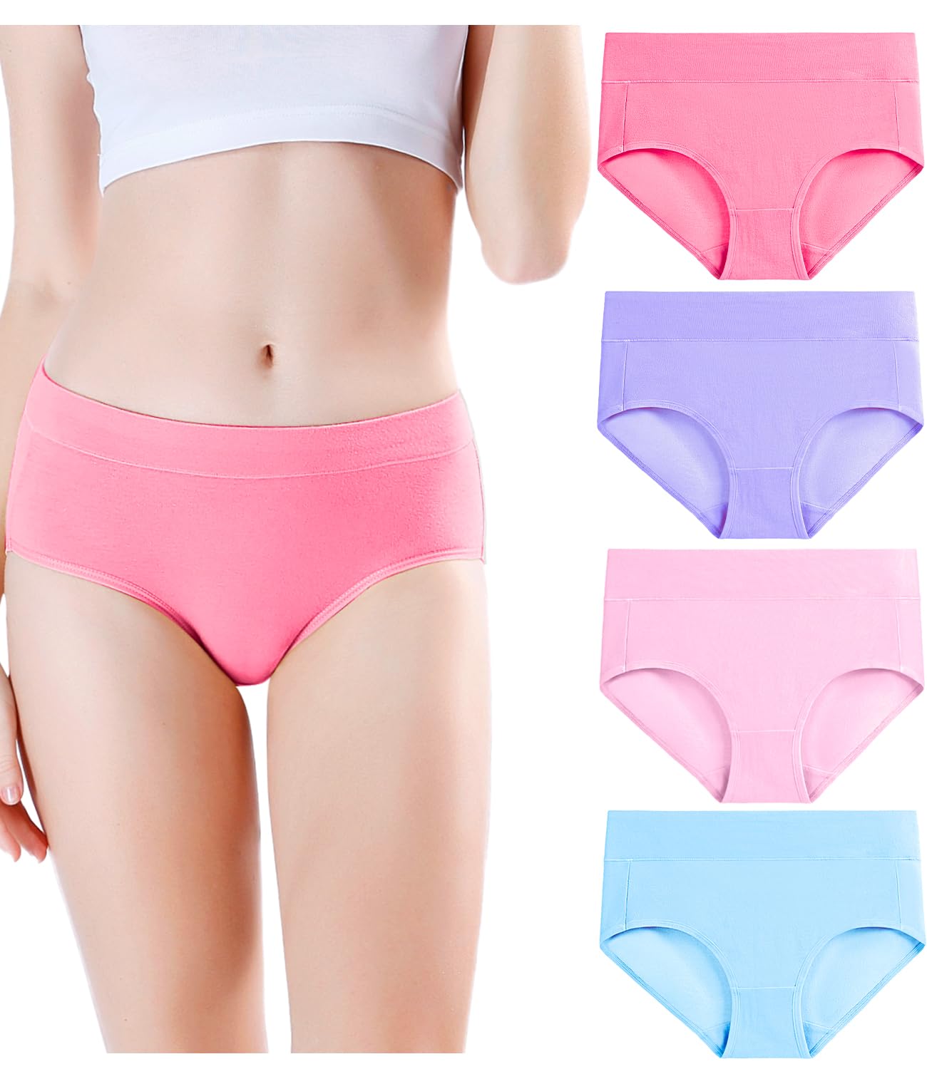 wirarpa Women's Underwear Cotton Mid Waisted Ladies Panties Full Coverage Briefs 4 Pack (Regular & Plus Size)