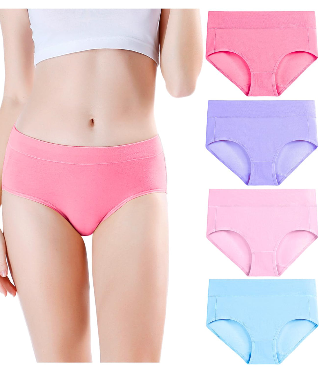 wirarpa Women's Underwear Cotton Mid Waisted Ladies Panties Full Coverage Briefs 4 Pack (Regular & Plus Size)