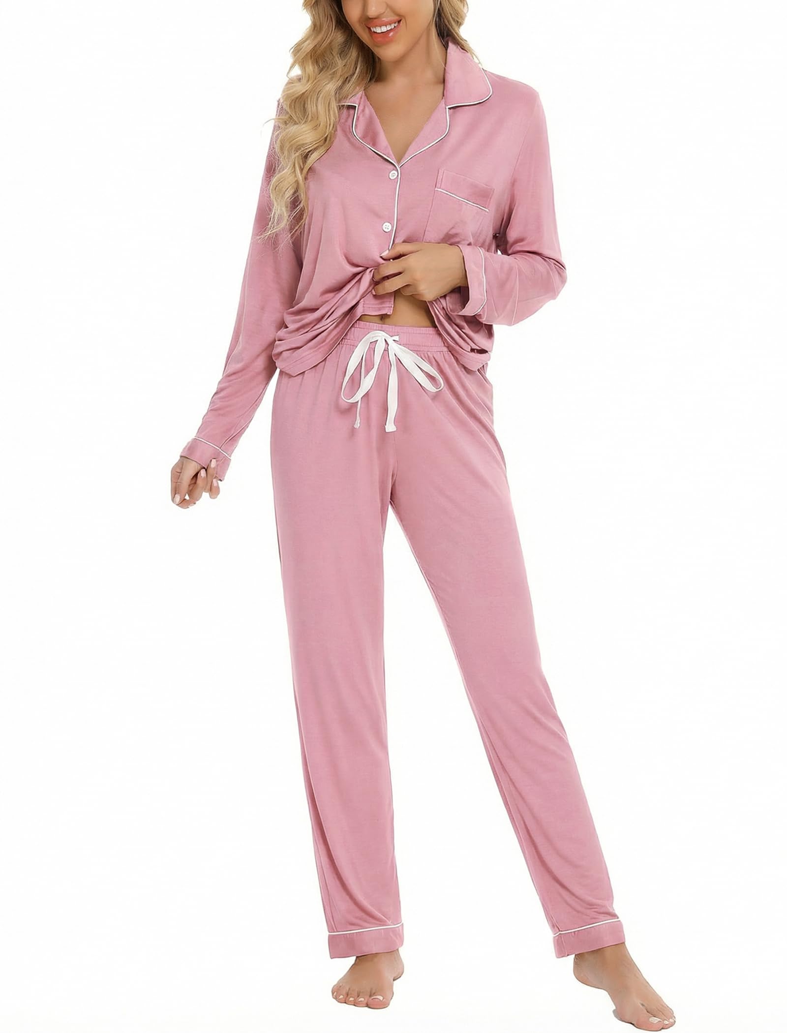 Leikar Button Up Pajamas For Women Long Sleeve Viscose Soft Pjs Lounge