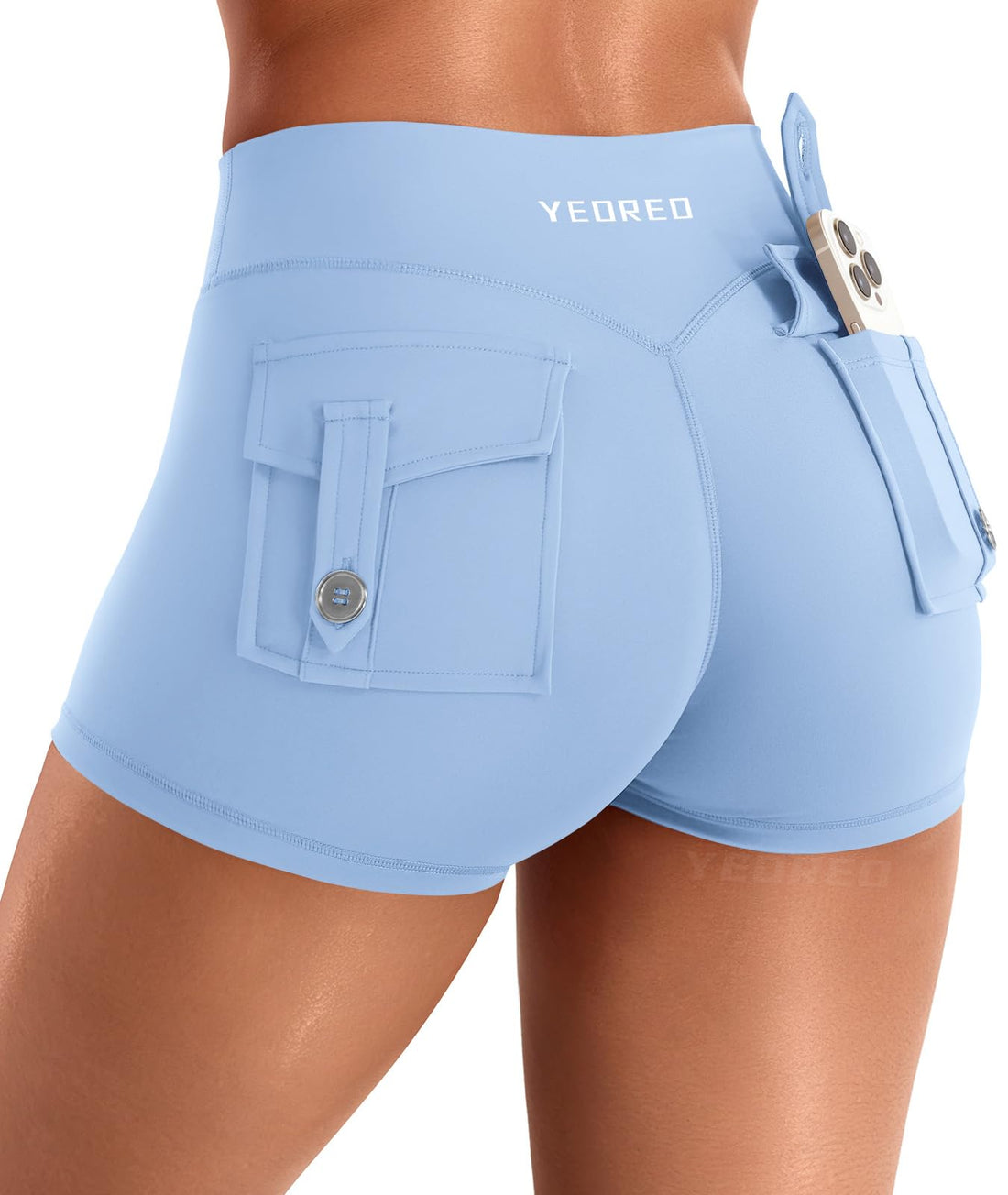 YEOREO CoreFlex Women Workout Shorts Low Rise Hidden Scrunch Butt Lifting Cargo Pockets 2.5" Shorts