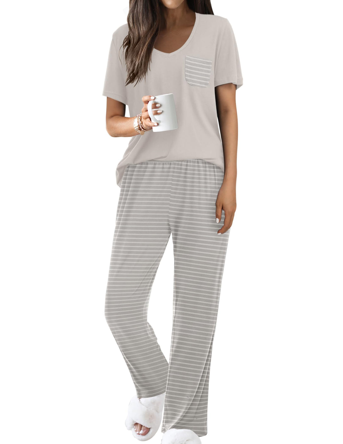 Ekouaer Pajama Sets for Women 2 Piece Short Sleeve Pj V Neck Chest Pocket