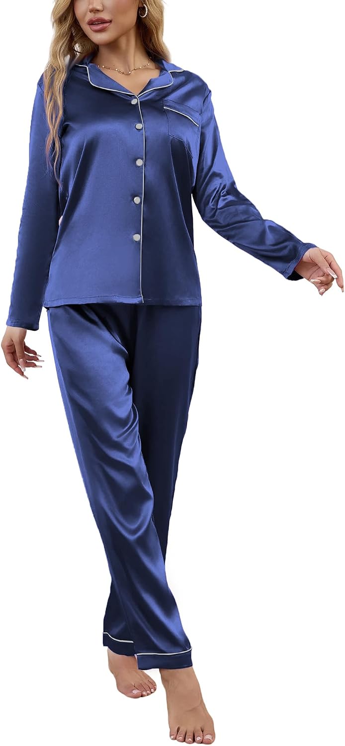 Drtope Women's Classic Button Down Long Satin Silk Pajama Set 2 piece pajama set for women silky pajama set for women