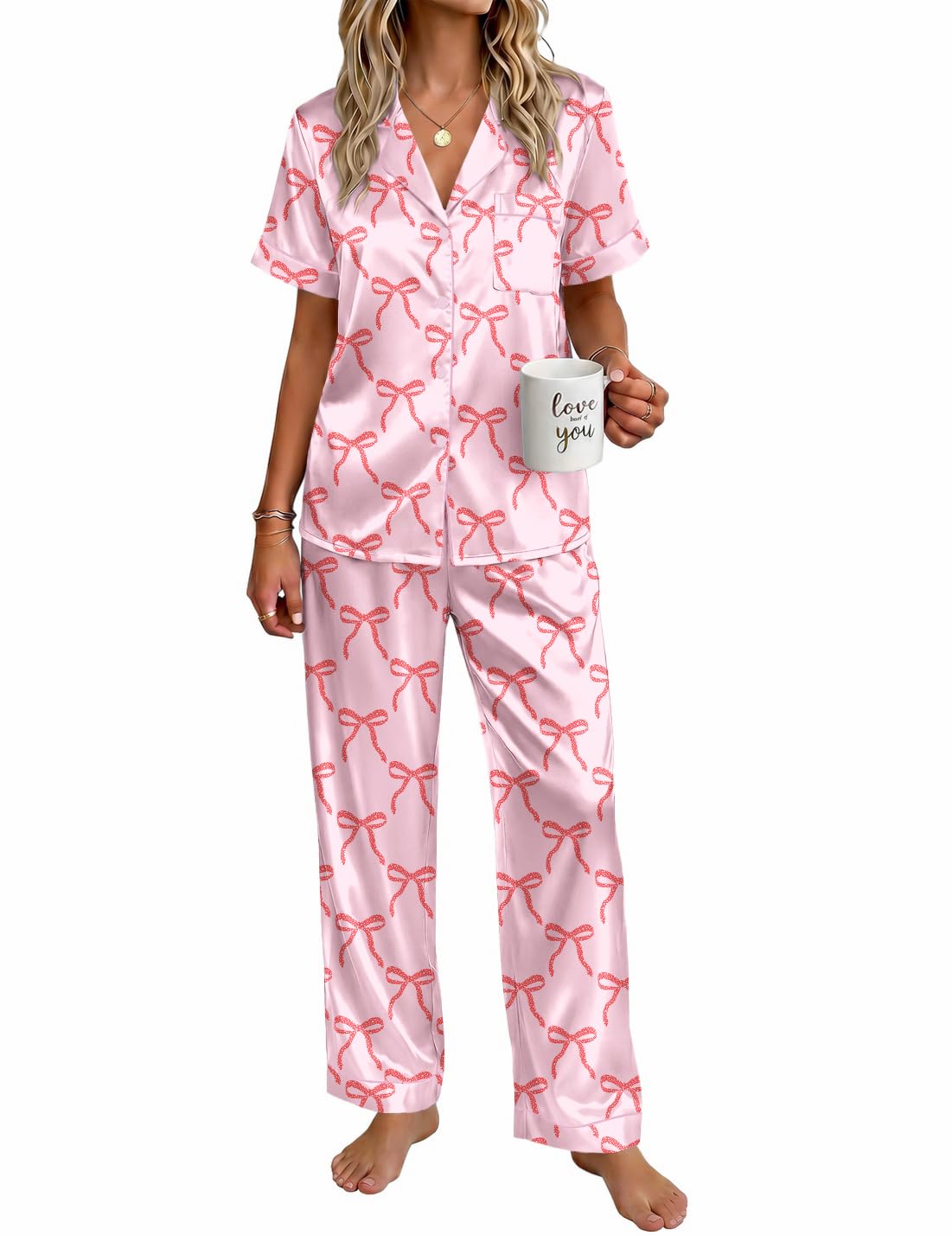 Ekouaer Womens Satin Pajama Set Silky Short Sleeve Button Down Pj Set