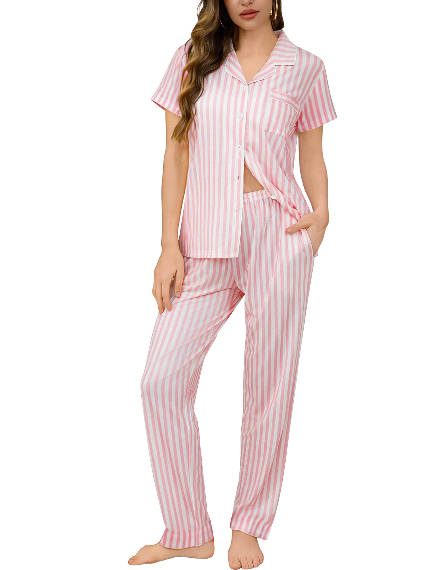 SWOMOG Women Pajama Sets Two-Piece Nightwear Short Sleeve Sleepwear Button Down Pj Lounge Sets with Long Pants