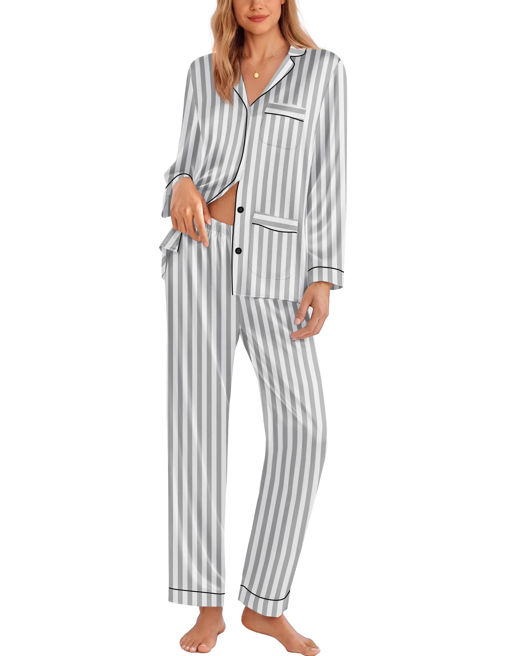 Ekouaer Pajamas for Women Silk Satin Button Down Long Sleeve Pajama Sets