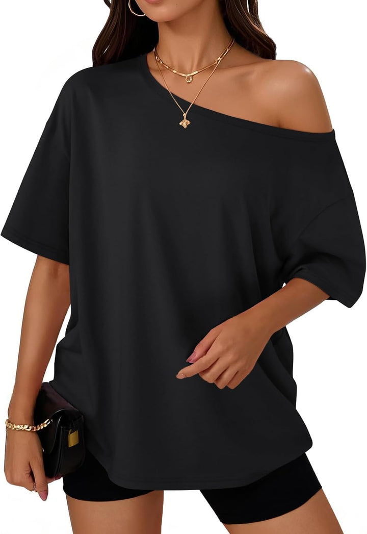 Trendy Queen Womens Off the Shoulder Tops Oversized Summer T-Shirts 2026 | Breathable comfort stretch fabric, short sleeve, basic oversized tees, casual workout gym, y2k going out clothes