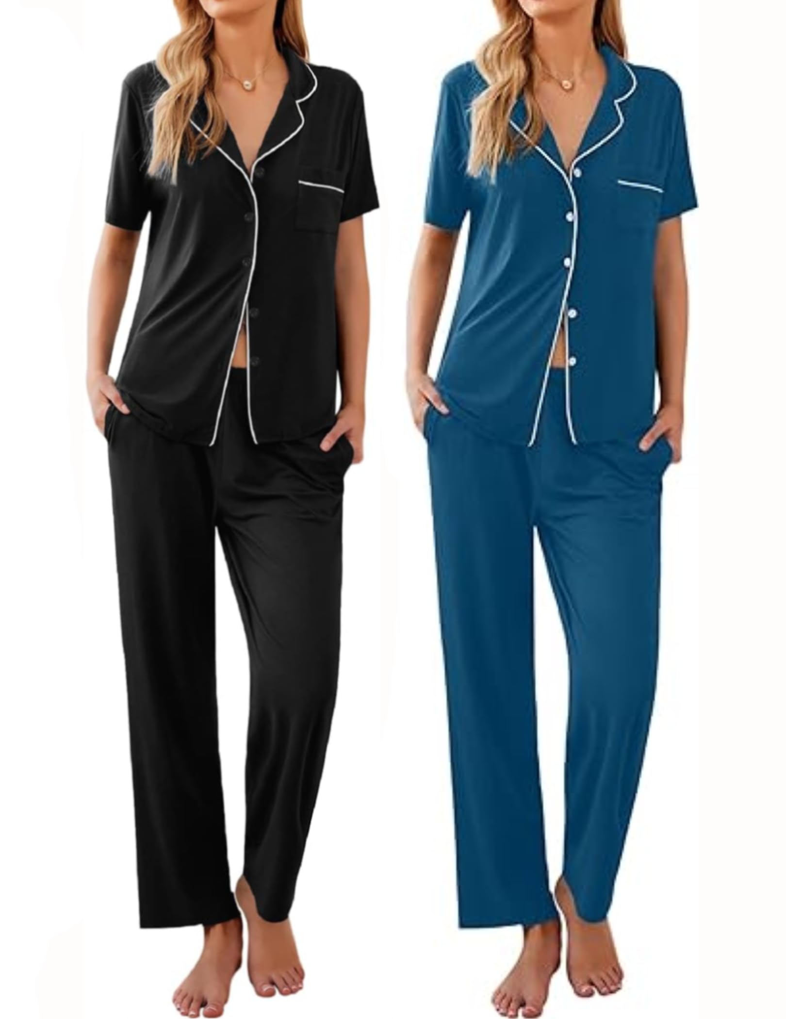 Ekouaer 2 Pack Womens Pajamas Sets Short Sleeve Pjs Button Up Sleepwear Set