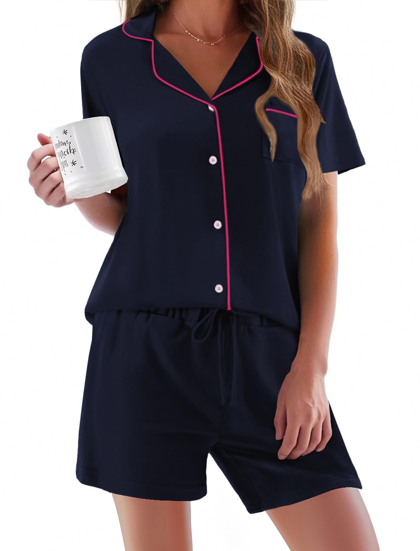Ekouaer Pajamas Set for Women Short Sleeve Sleepwear Button Down Pj XS-XXXL
