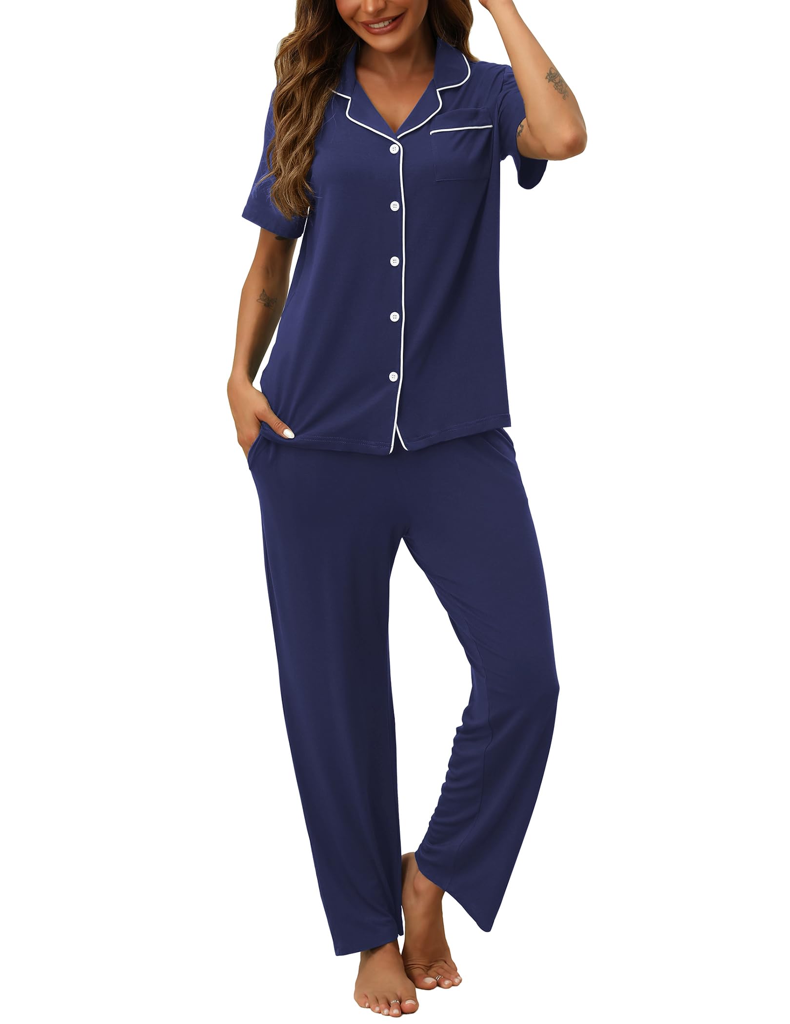 HNG Women Pajamas Set 2 Piece Button Up Pajamas Pant and Short Sleeve Shirt for Woman Pj Sets with Pocket