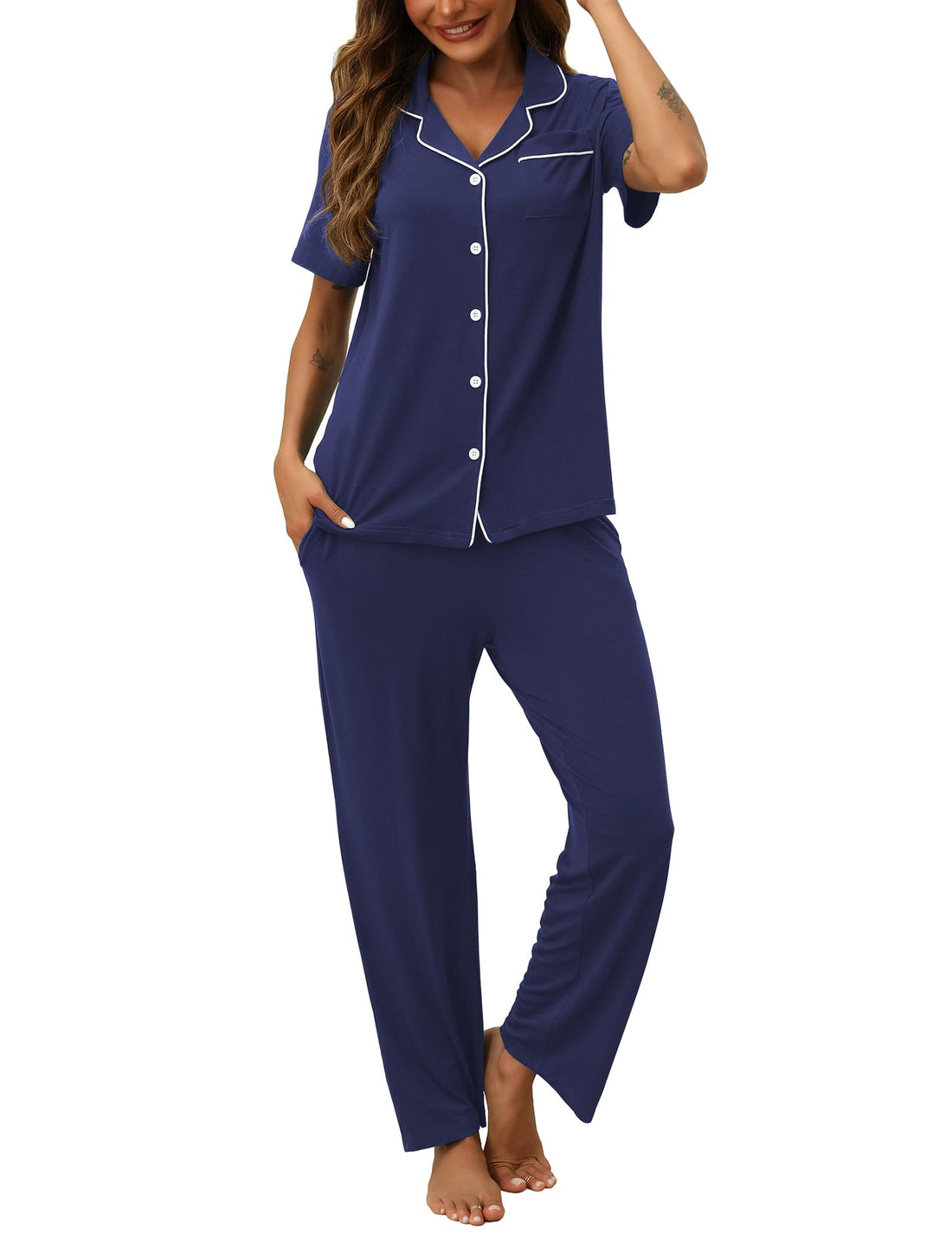 HNG Women Pajamas Set 2 Piece Button Up Pajamas Pant and Short Sleeve Shirt for Woman Pj Sets with Pocket