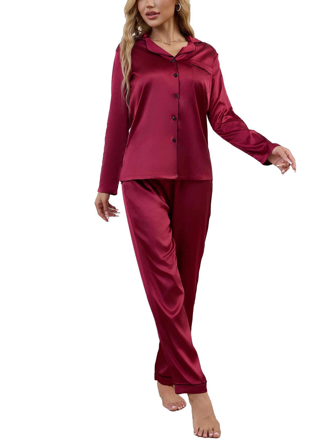 Drtope Women's Classic Button Down Long Satin Silk Pajama Set 2 piece pajama set for women silky pajama set for women