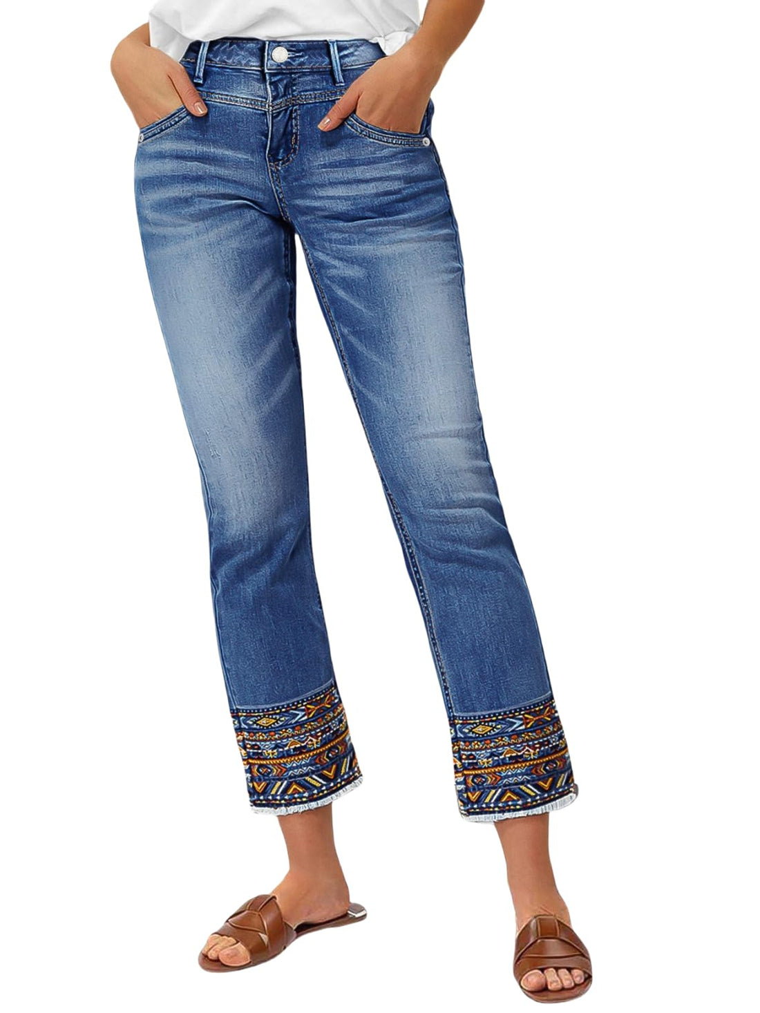 Flamingals Straight Leg Cropped Jeans for Women Trendy Mid Rise Stretchy Tribal Embroidery Raw Hem Ankle Jeans