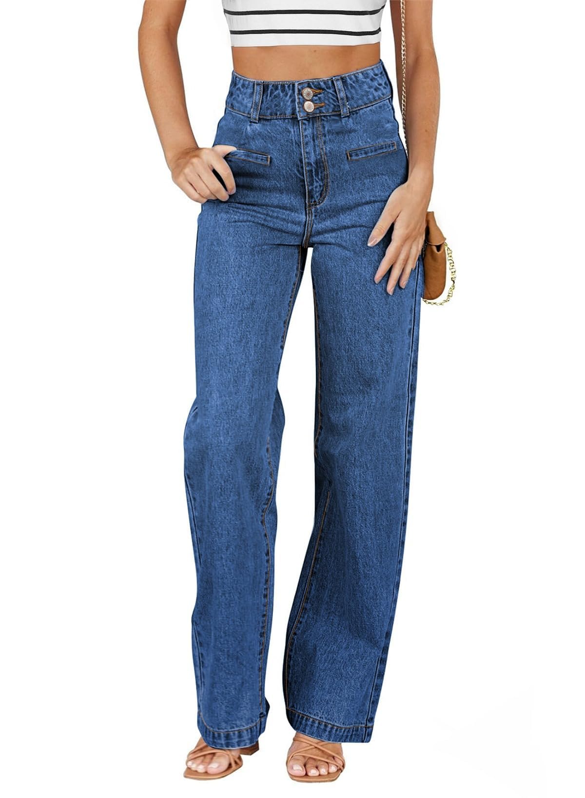Sidefeel Women's Jeans High Waisted Straight Leg Stretchy Jeans Trendy Loose Wide Leg Zimbaplatinum Denim Pants with Pockets